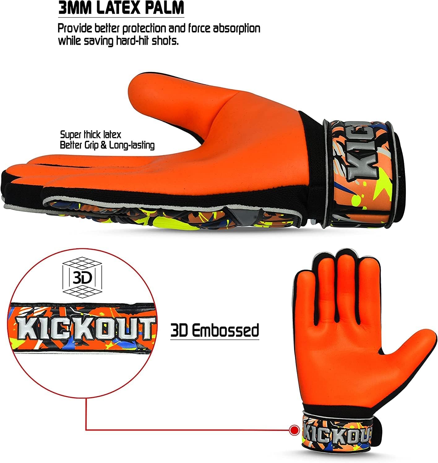Kickout Guantes de portero de fútbol prémium  Guantes de portero Funky con látex de 0.118 pulgadas para un gran agarre y protección