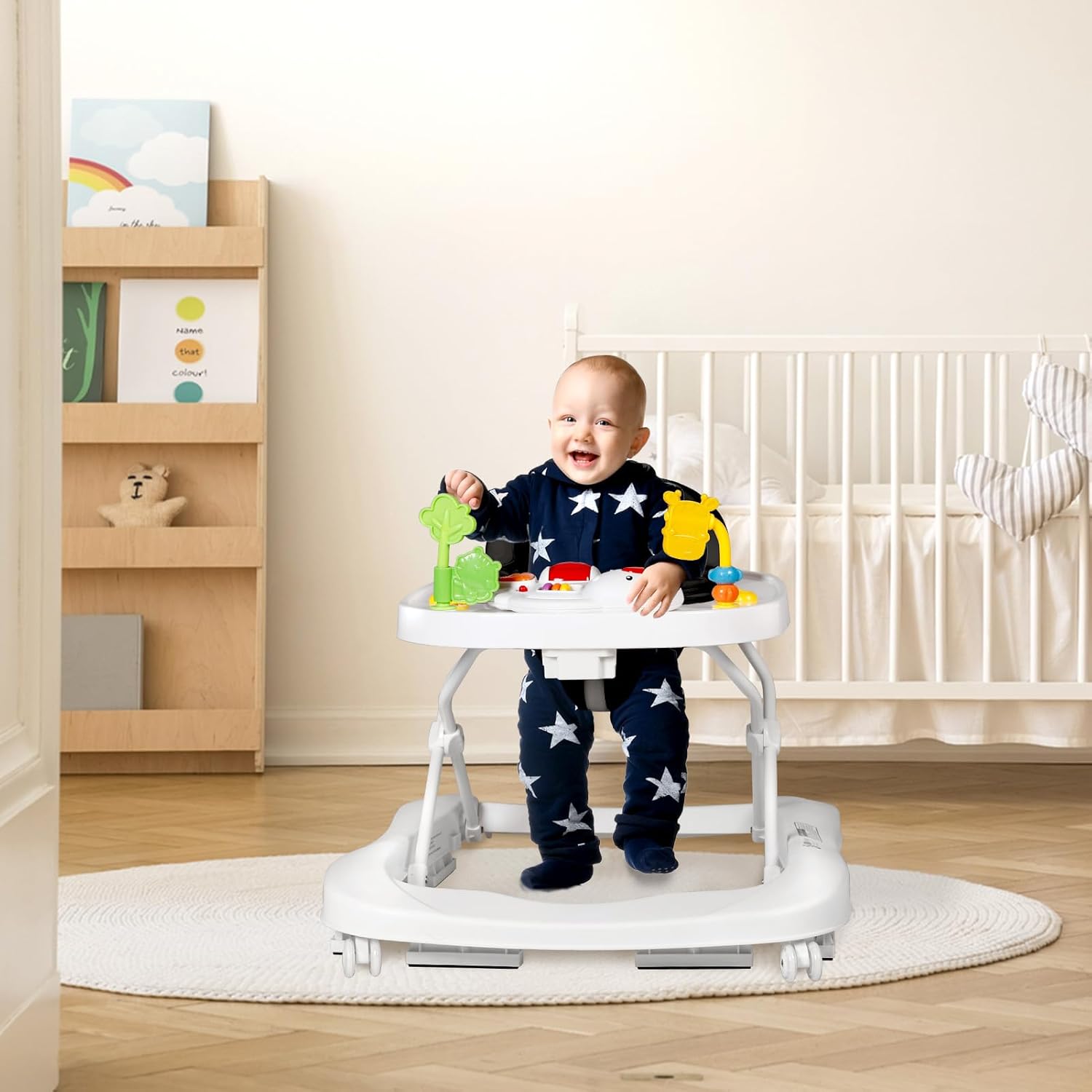 Andador para bebés con ruedas, centro de actividades para bebés 3 en 1 para niños y niñas, combo plegable con juguetes musicales, aprendizaje