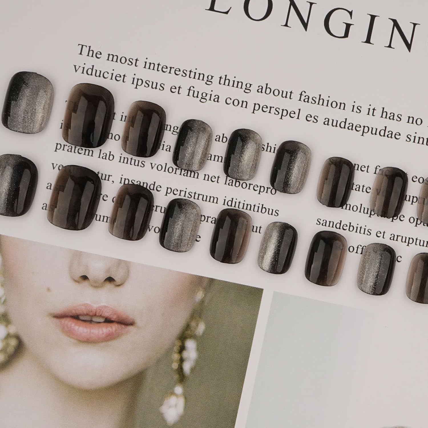 Uñas postizas cuadradas cortas con diseño de ojo de gato, uñas postizas negras degradadas reutilizables para el uso diario de las mujeres, kit de