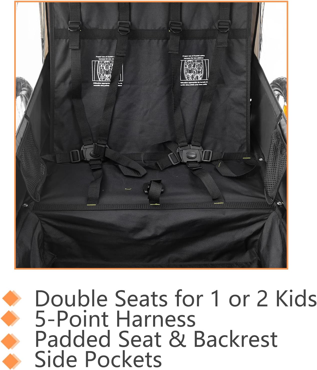 Remolque de bicicleta para niños, adecuado para 1 a 2 niños, 12 meses en adelante, fijación rápida a la bicicleta, plegable, con arnés de 5 puntos y