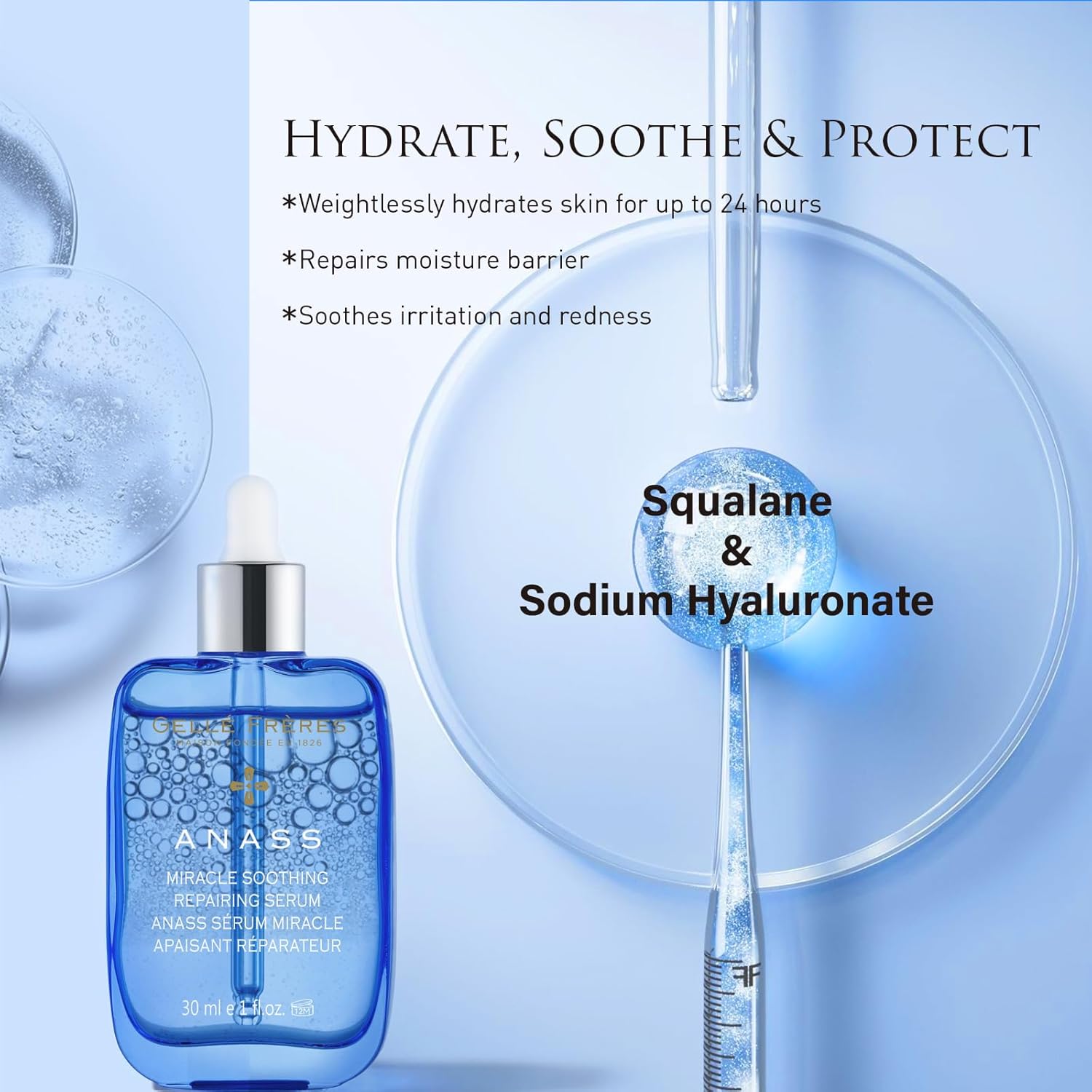 GELLÉ FRÈRES – Suero de escualano para la cara, calmante reparador de enrojecimiento, suero facial hidratante fortalece la barrera suavizante,