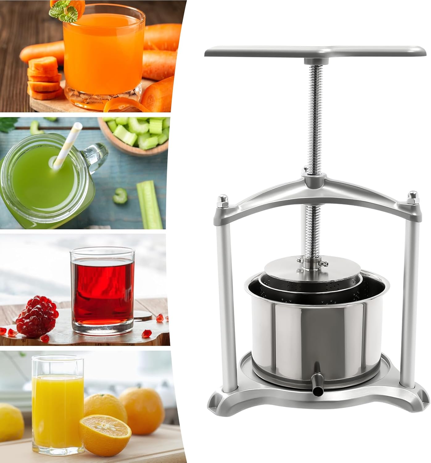 Prensa de vino de frutas, prensa de sidra de acero inoxidable con mango en T para sidra, vino de uva o jugo suministros y equipo (3L)