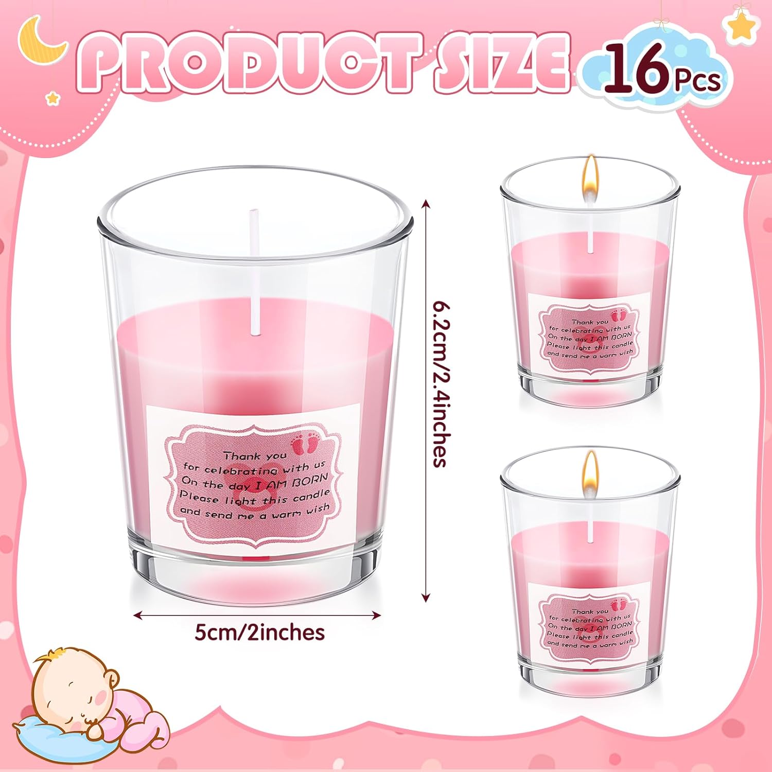 16 piezas de regalos de baby shower, regalos de agradecimiento, velas votivas de 1.7 onzas, velas votivas de vidrio transparente, regalos de