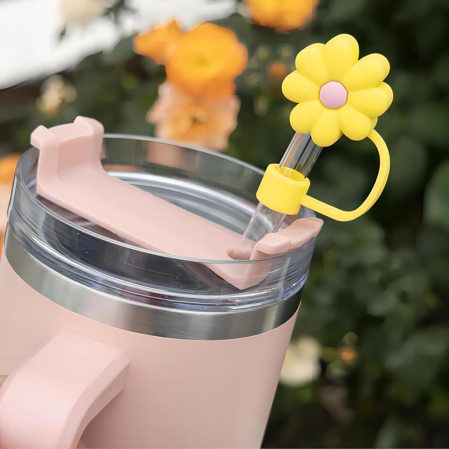 Paquete de 5 adornos de paja para Stanley Cup Cute, funda de popote de silicona compatible con vaso Stanley de 30 y 40 onzas con asa (flor)