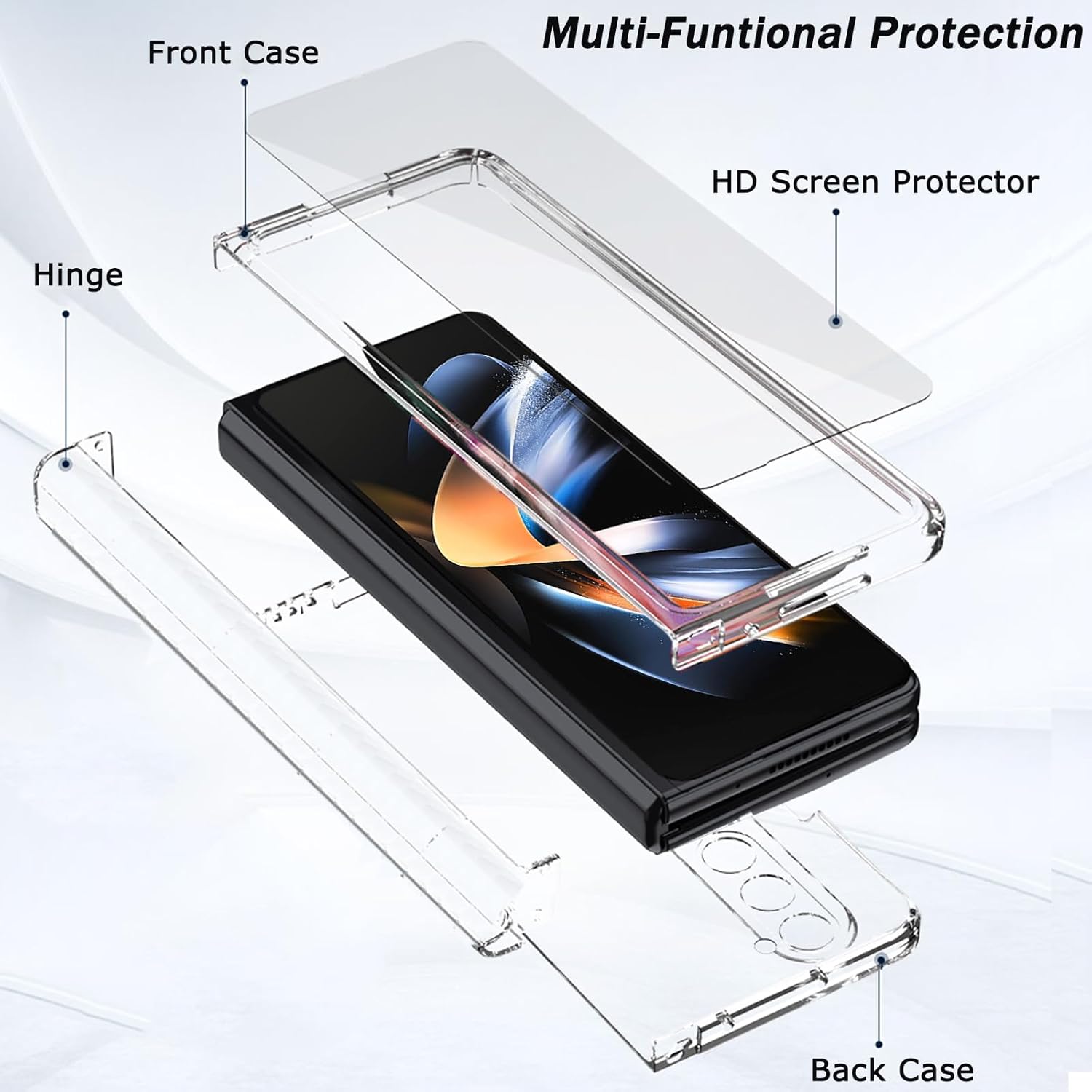 NINKI Funda transparente compatible con Samsung Z Fold 5 transparente con protector de pantalla, cuerpo completo, a prueba de golpes, protección de