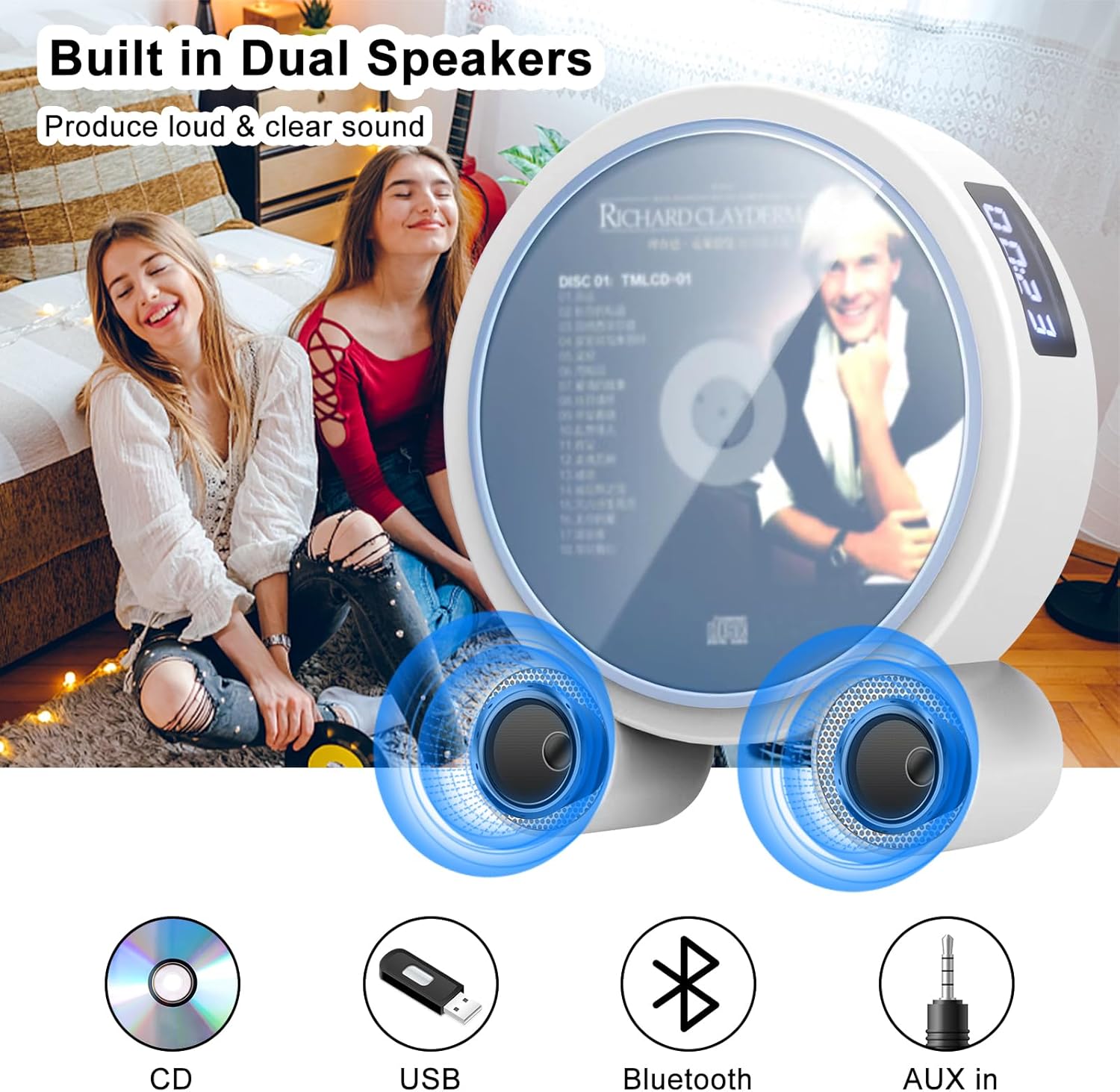 WOKALON Reproductor de CD portátil con Bluetooth, reproductores de CD verticales de escritorio para el hogar con pantalla LCD, altavoces HiFi