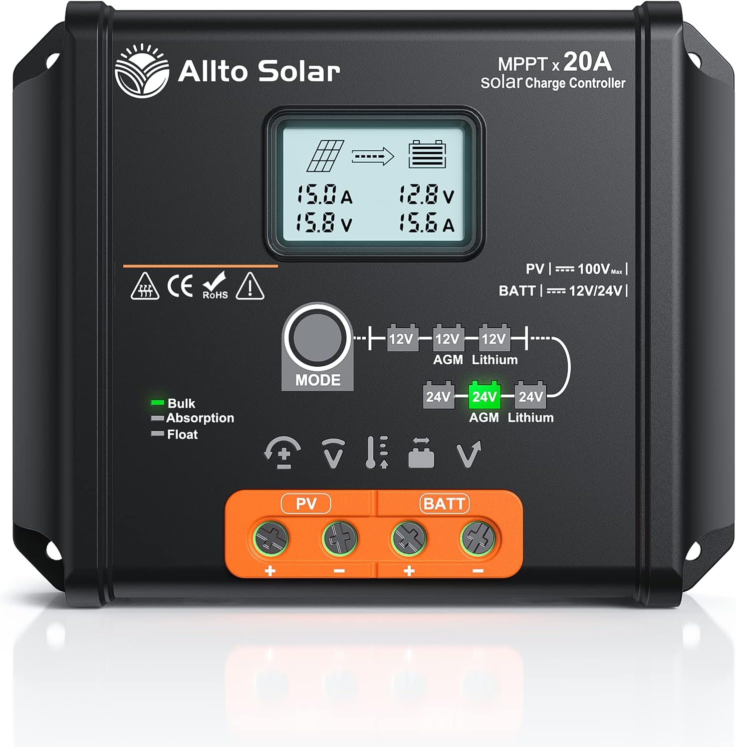 Allto Solar Controlador de carga solar MPPT de 20 amperios, 12 V24 V, pantalla LCD retroiluminada, regulador de panel solar de 20 A con sensor de