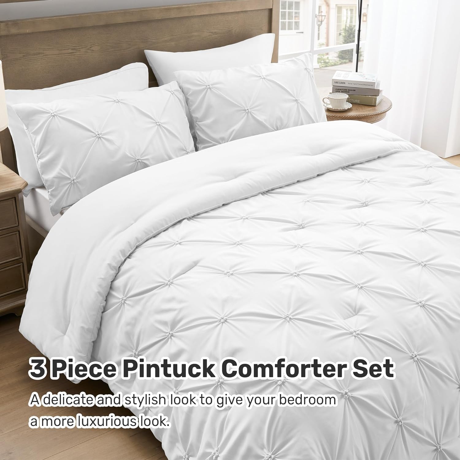 Juego de edredón tamaño King color blanco, juego de ropa de cama alternativo suave y esponjoso para todas las estaciones, juego de cama plisado de 3