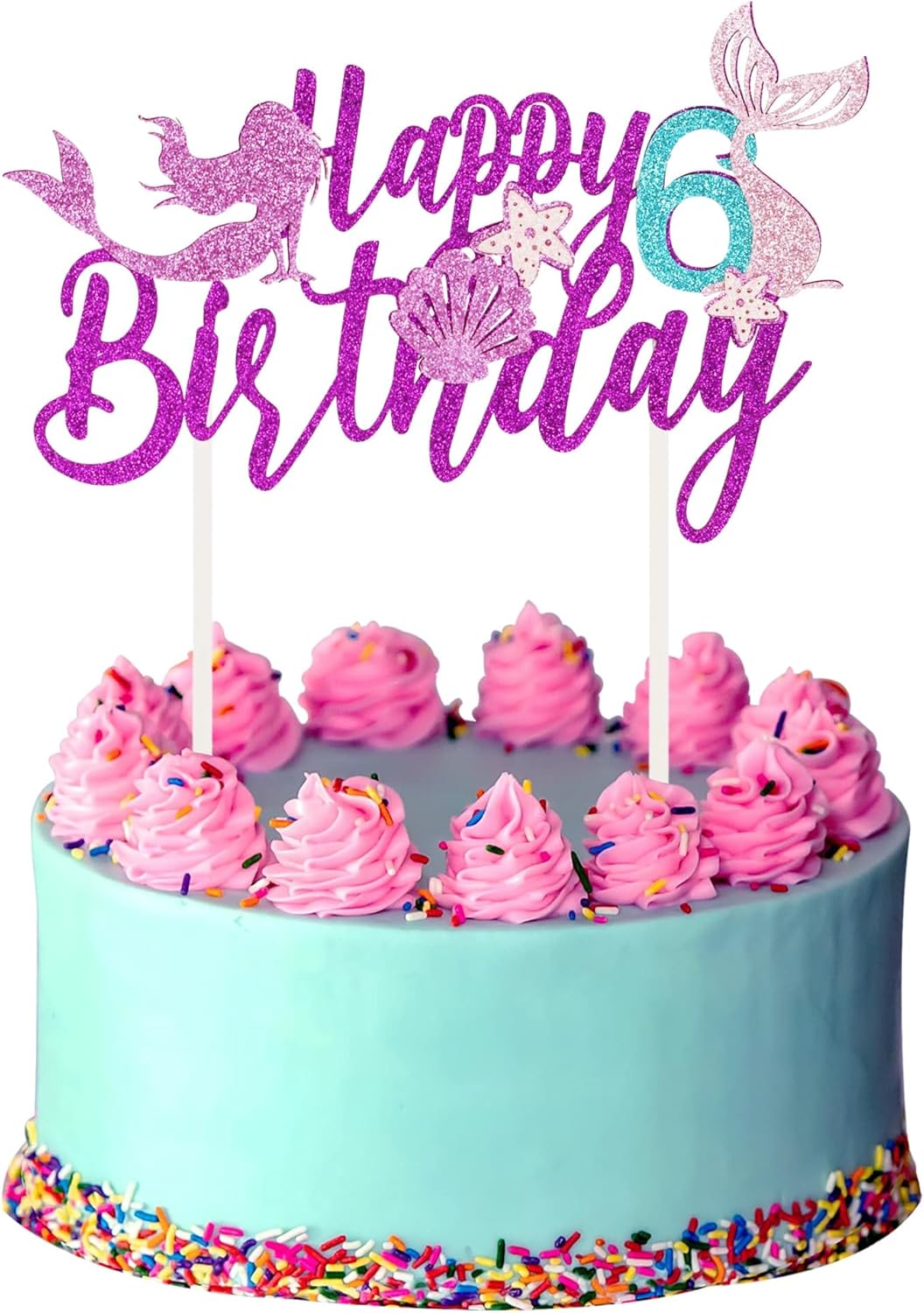 Decoración para pastel de cumpleaños con diseño de sirena de 6 cumpleaños, diseño de estrella de mar y conchas con purpurina, decoraciones para