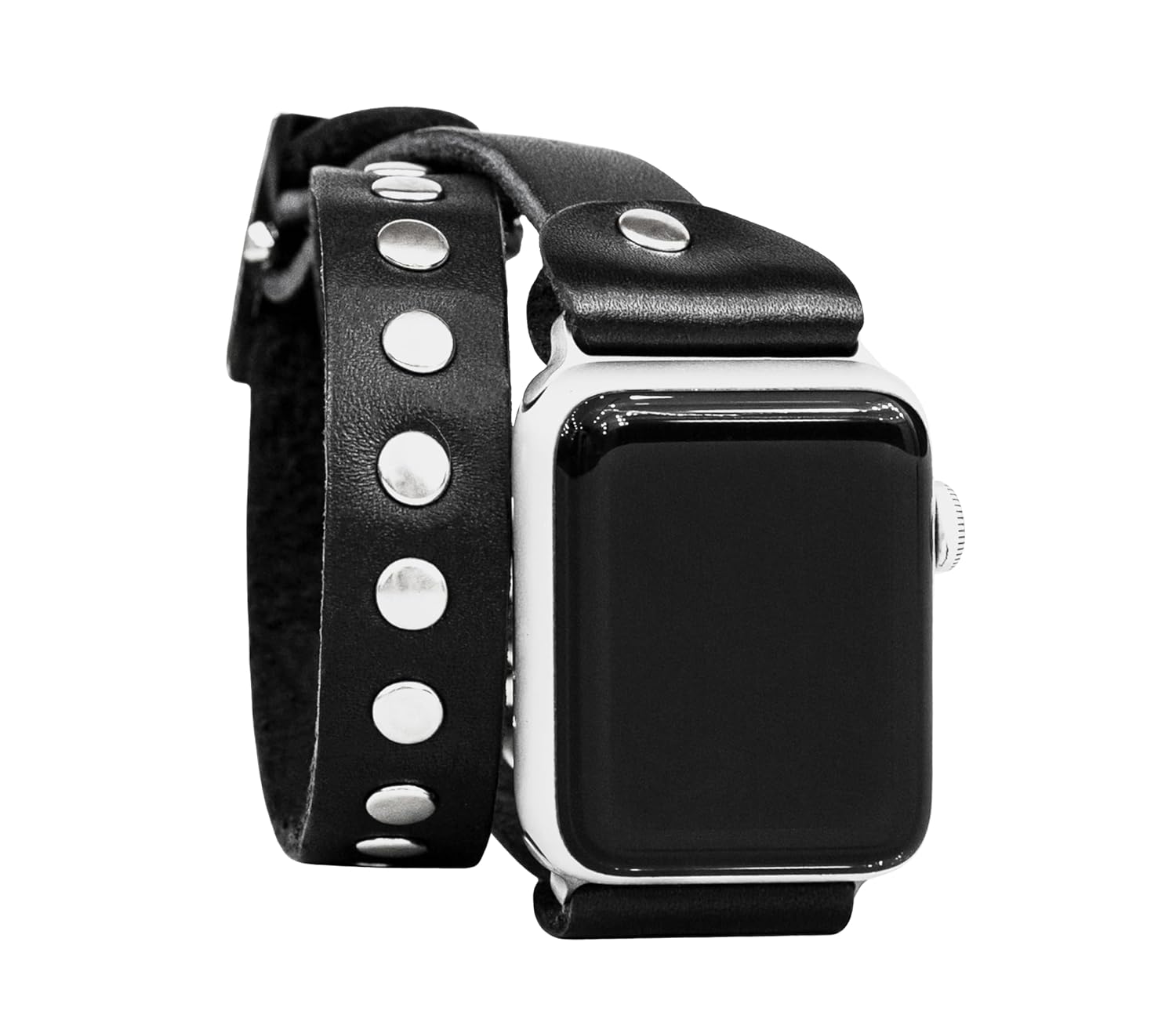 stud Leather double wrap band strap compatible with Apple watch 38mm 40mm 41mm 42mm 44mm 45mm 49mm, Handmade UA 1820 (black + steel + 7.3-8.3 in +