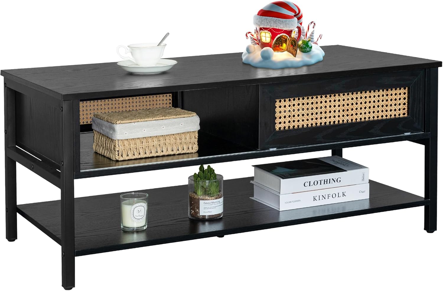 Mesa de centro con puertas correderas de ratán natural, mesa de centro moderna de mediados de siglo con almacenamiento, mesa de centro de madera