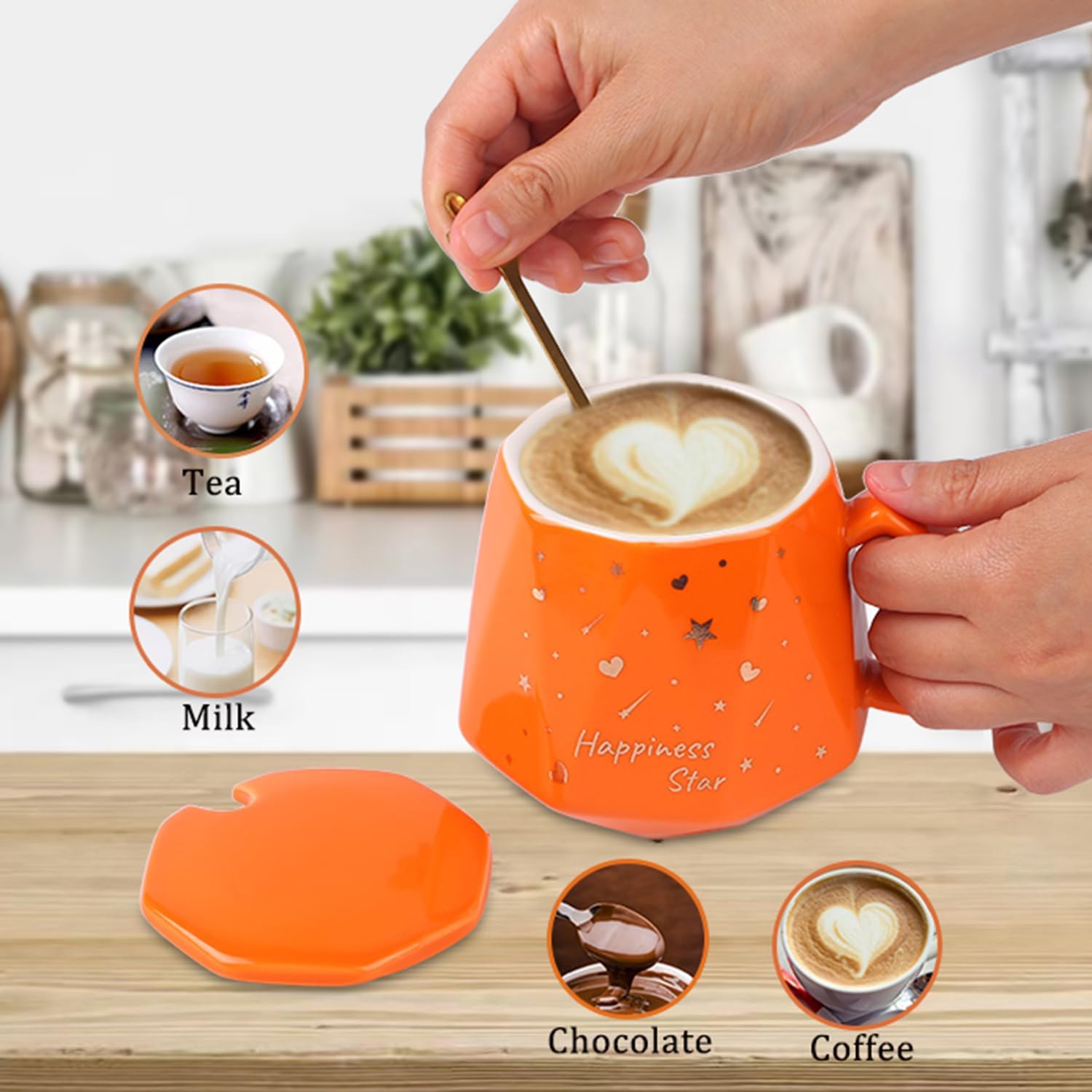 Bonito juego de tazas de café, tazas de café de cerámica con tapas, cuchara dorada y caja de regalo, regalo para mujeres, hombres, amigos, hermanas.