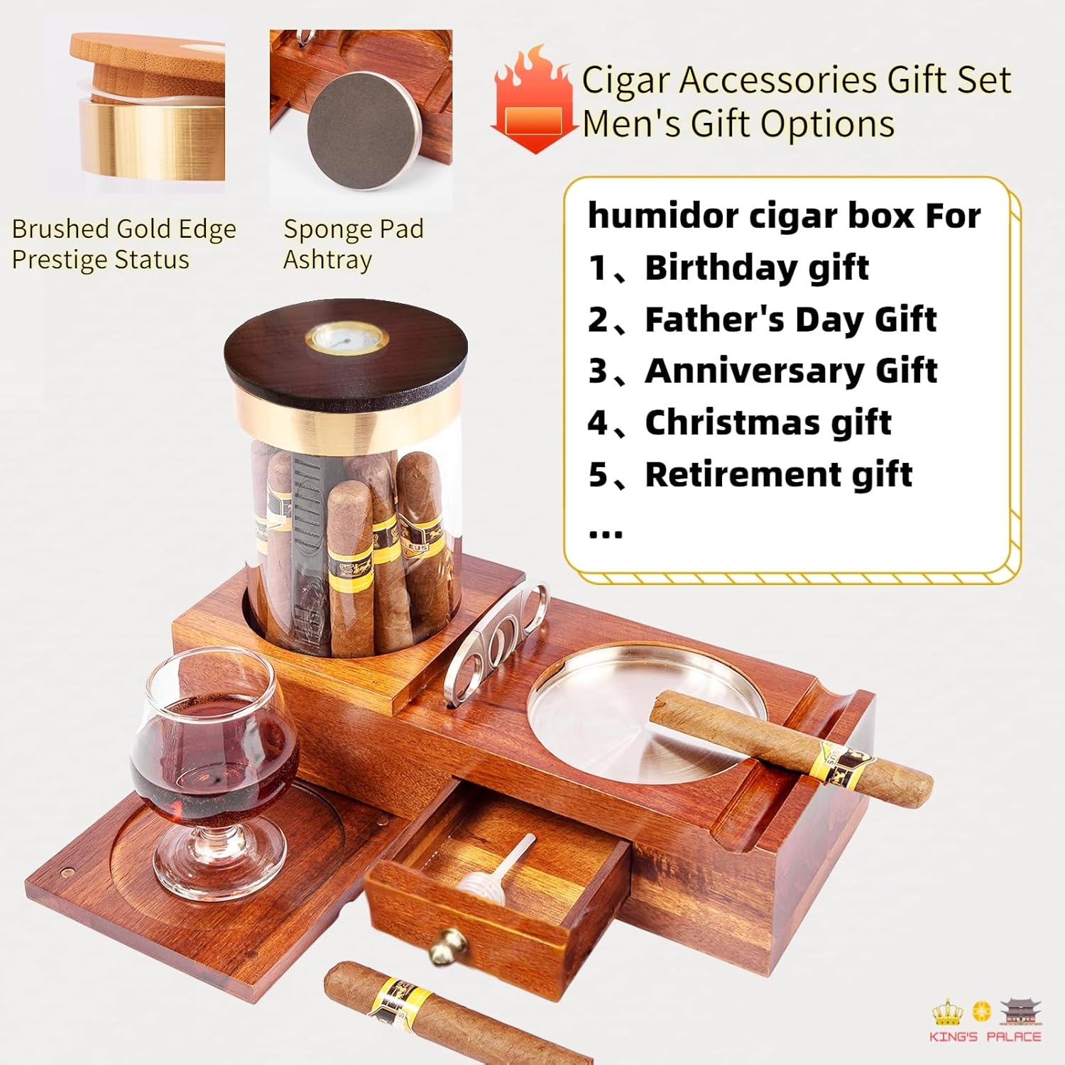 KING’S PALACE Humidor de cigarros y cenicero de cigarros con posavasos, humidificador, higrómetro, cortador de puros, cajón con anillos de tracción,