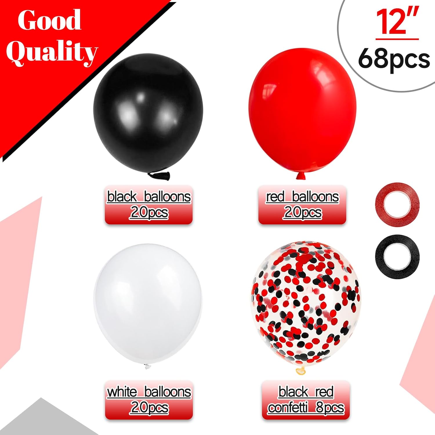 68 globos de látex rojos, negros y blancos de 12 pulgadas con globos de confeti negro y rojo para cumpleaños, bodas, baby shower, fiesta de tarjetas