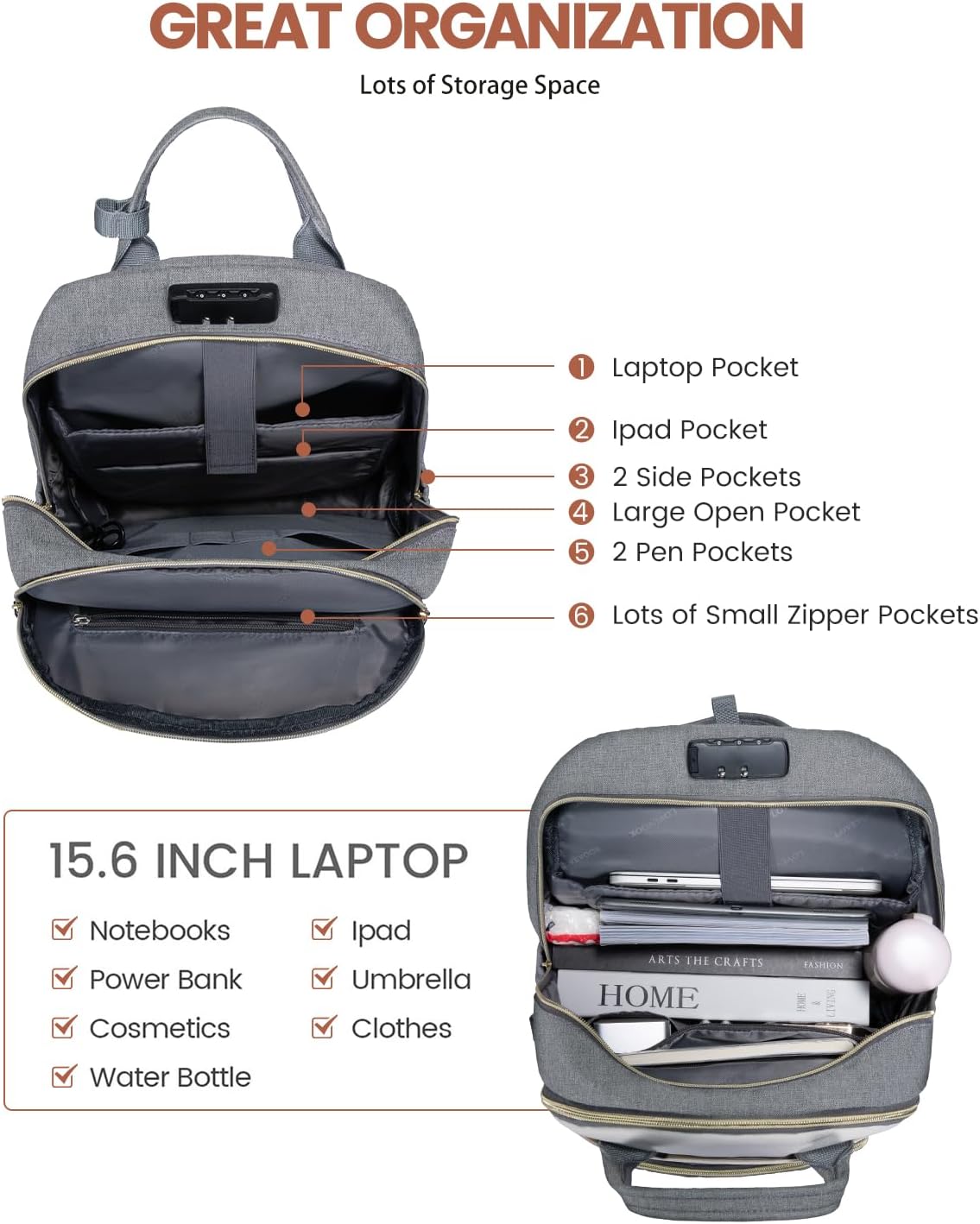 LOVEVOOK Mochila para laptop para mujer, bolsa de viaje antirrobo, Gris-beige-negro, El diseño de empalme multicolor está lleno de vitalidad y es