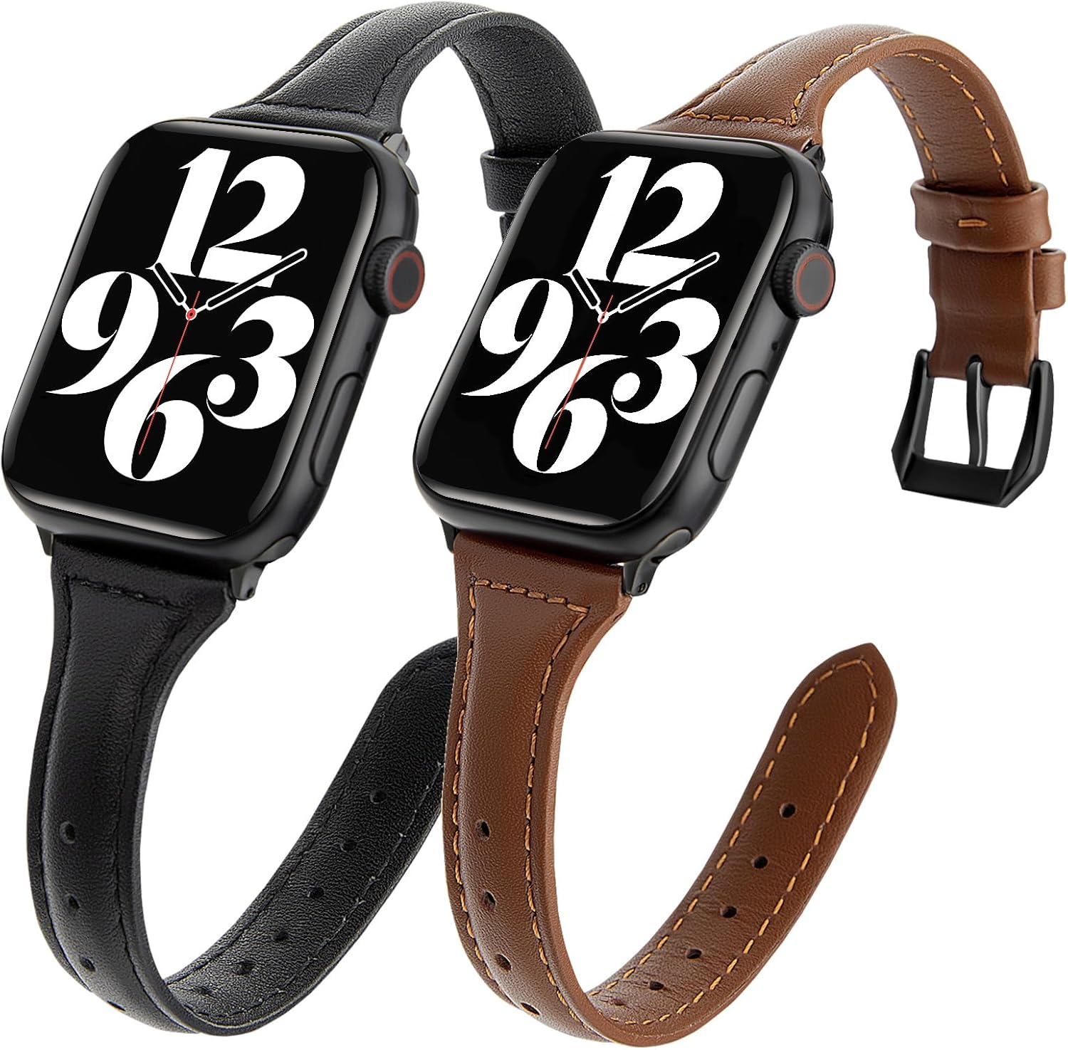 Paquete de 2 correas delgadas de cuero genuino compatibles con Apple Watch Band de 1.496 pulgadas, 1.575 pulgadas, 1.614 pulgadas, 1.654 pulgadas,