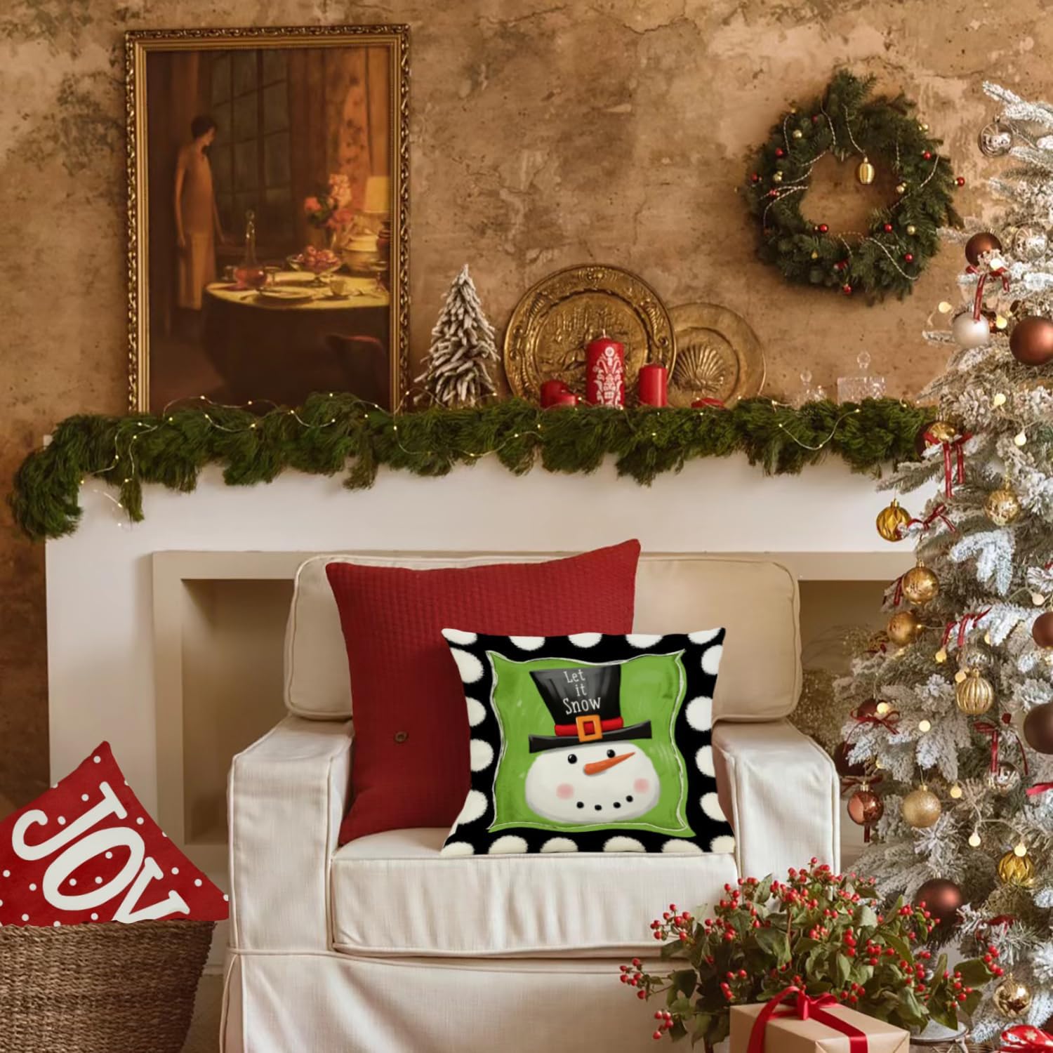 Juego de 4 fundas de almohada navideñas de 18 x 18 pulgadas, muñeco de nieve, Papá Noel, lunares, Ho Ho Ho Joy, decorativas, para decoración de