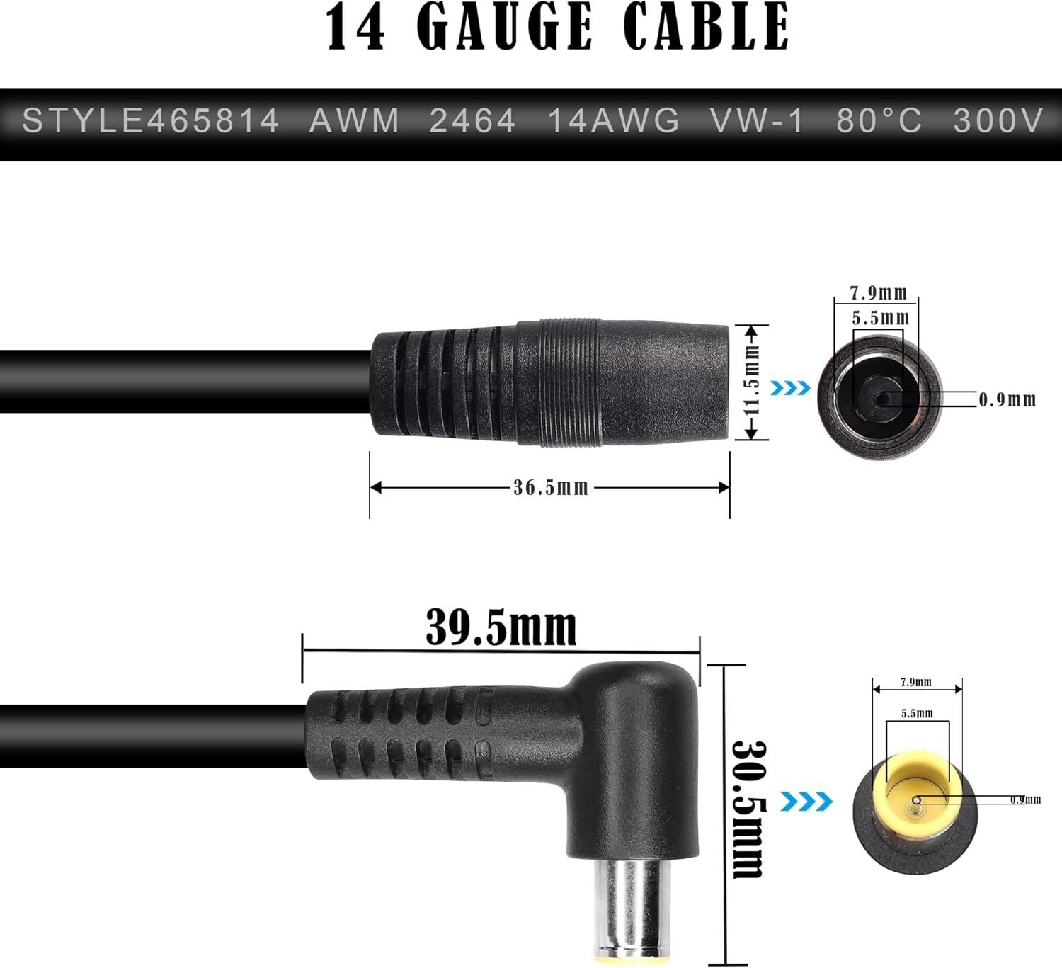 GINTOOYUN 2 cables de alimentación DC7909 de 14AWG DC7.0.354 inx0.035 in en ángulo recto 90 grados macho a CC 0.311 inx0.035 in hembra cable de