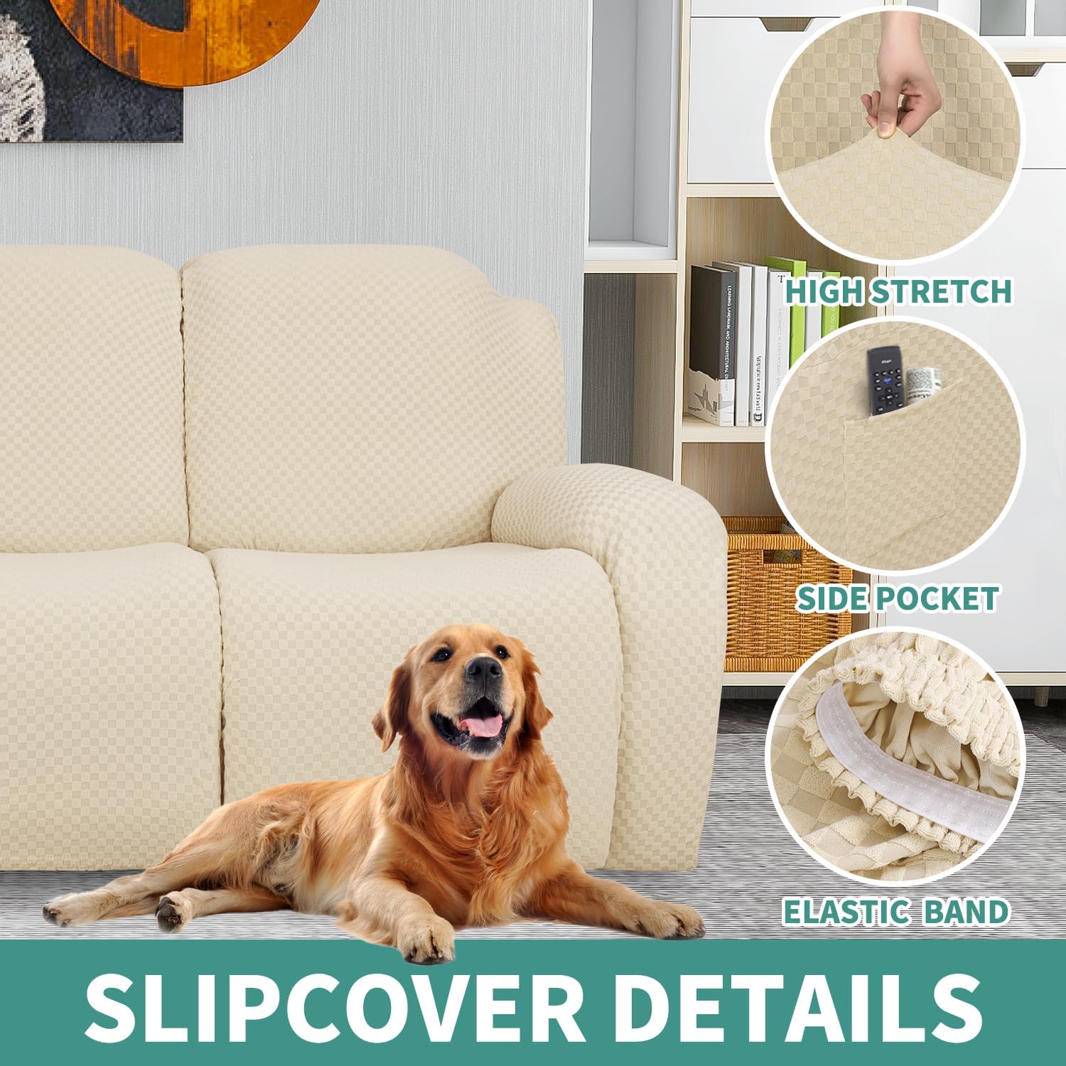 Yemyhom Funda elástica de 8 piezas para sofá reclinable de 3 plazas, tela moderna de jacquard, con bolsillo lateral, antideslizante, con parte