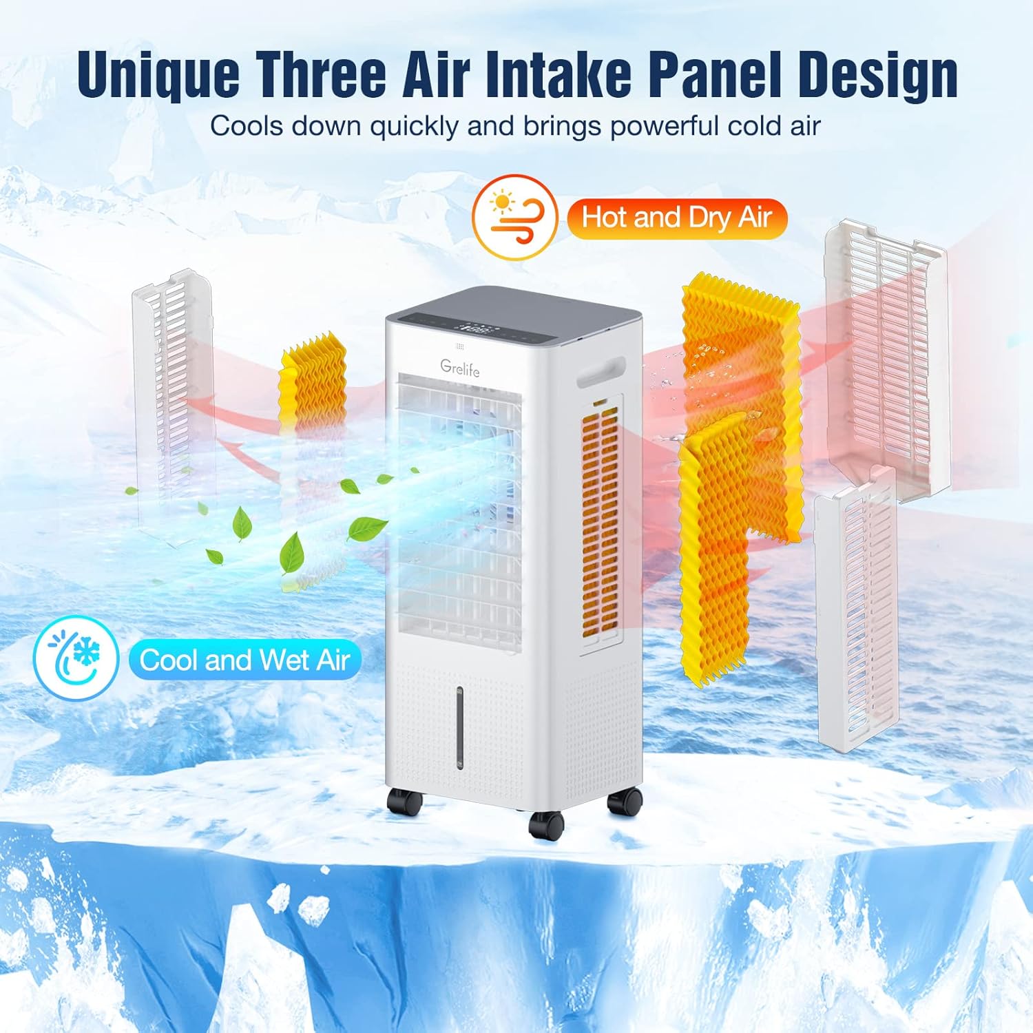 Grelife Enfriador de aire evaporativo portátil, ventilador de enfriamiento de aire 3 en 1 con control remoto, temporizador de 12 horas, 4 paquetes