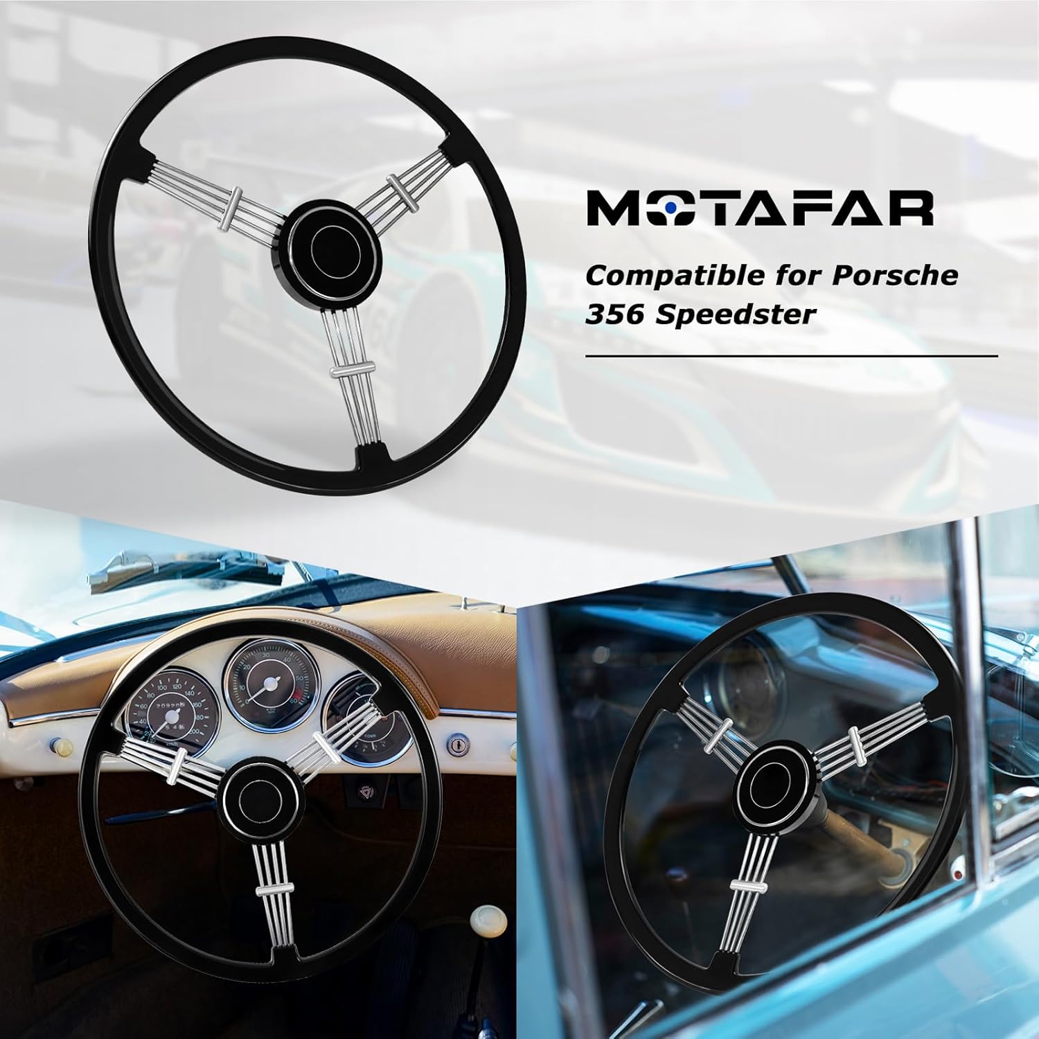 Volante de 15-12 pulgadas, estilo retro clásico con diseño de banjo negro, compatible con Porsche 356 Speedster (barniz de horneado – negro)