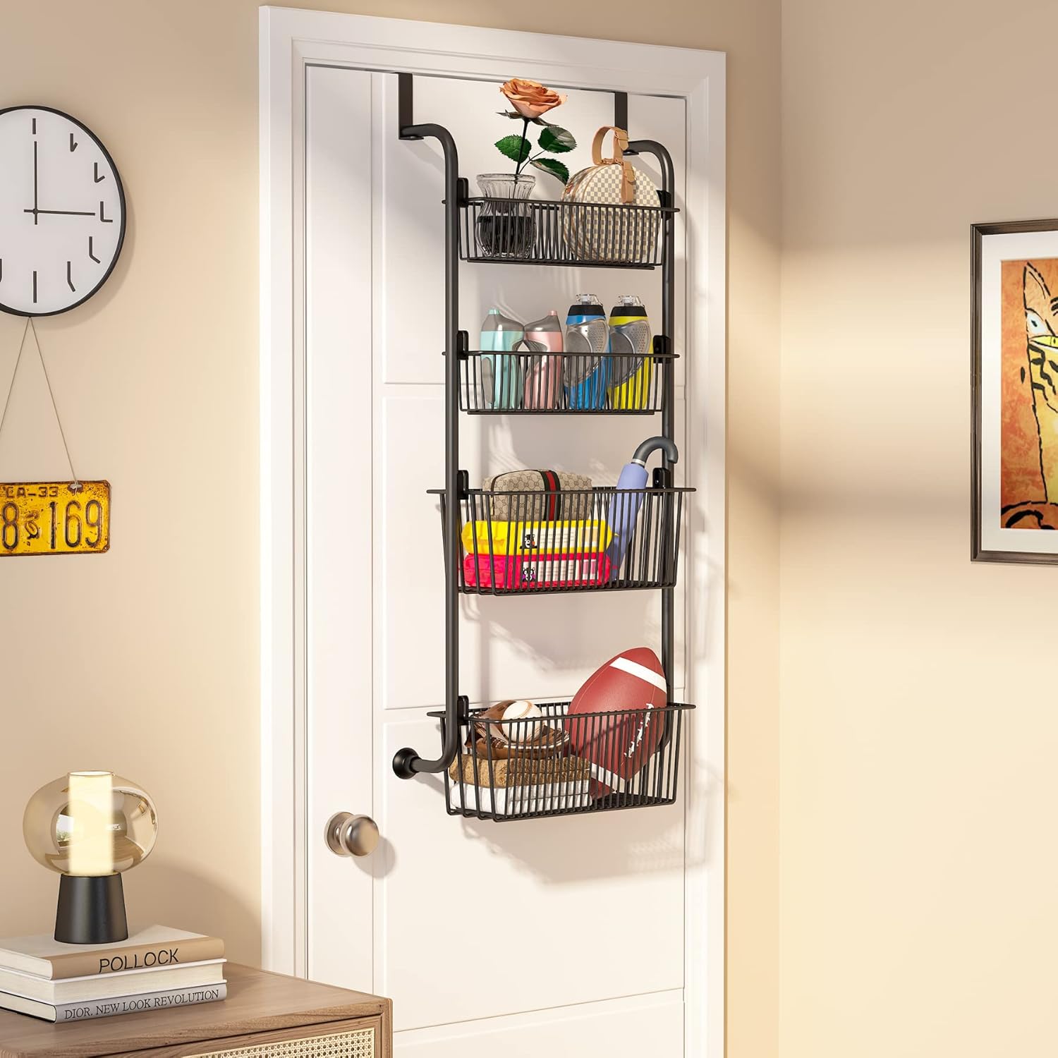 1Easylife Estante organizador sobre la puerta, 4 cestas de organización y almacenamiento de puerta de despensa, estante de especias de cocina de