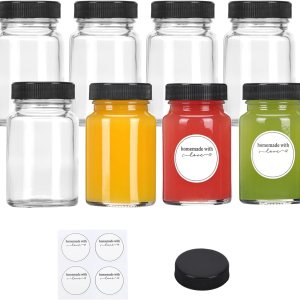 CUCUMI 8 botellas cortas de 2 onzas con tapas, pequeños frascos de vidrio con tapas para líquidos, chupitos de jengibre, aceites, con calcomanías CUCUMI 8 botellas cortas de 2 onzas con tapas, pequeños frascos de vidrio con tapas para líquidos, chupitos de jengibre, aceites, con calcomanías