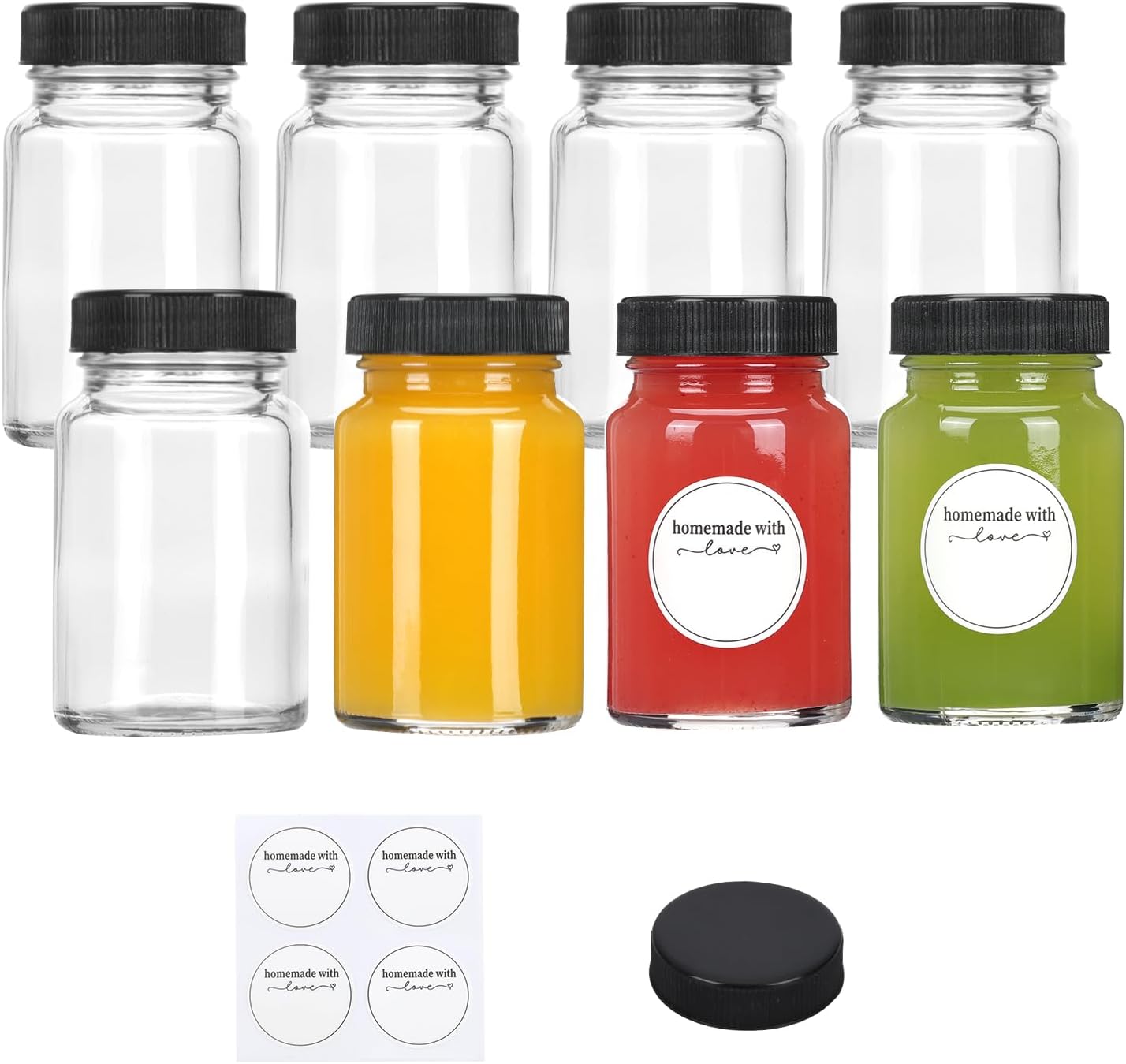 CUCUMI 8 botellas cortas de 2 onzas con tapas, pequeños frascos de vidrio con tapas para líquidos, chupitos de jengibre, aceites, con calcomanías