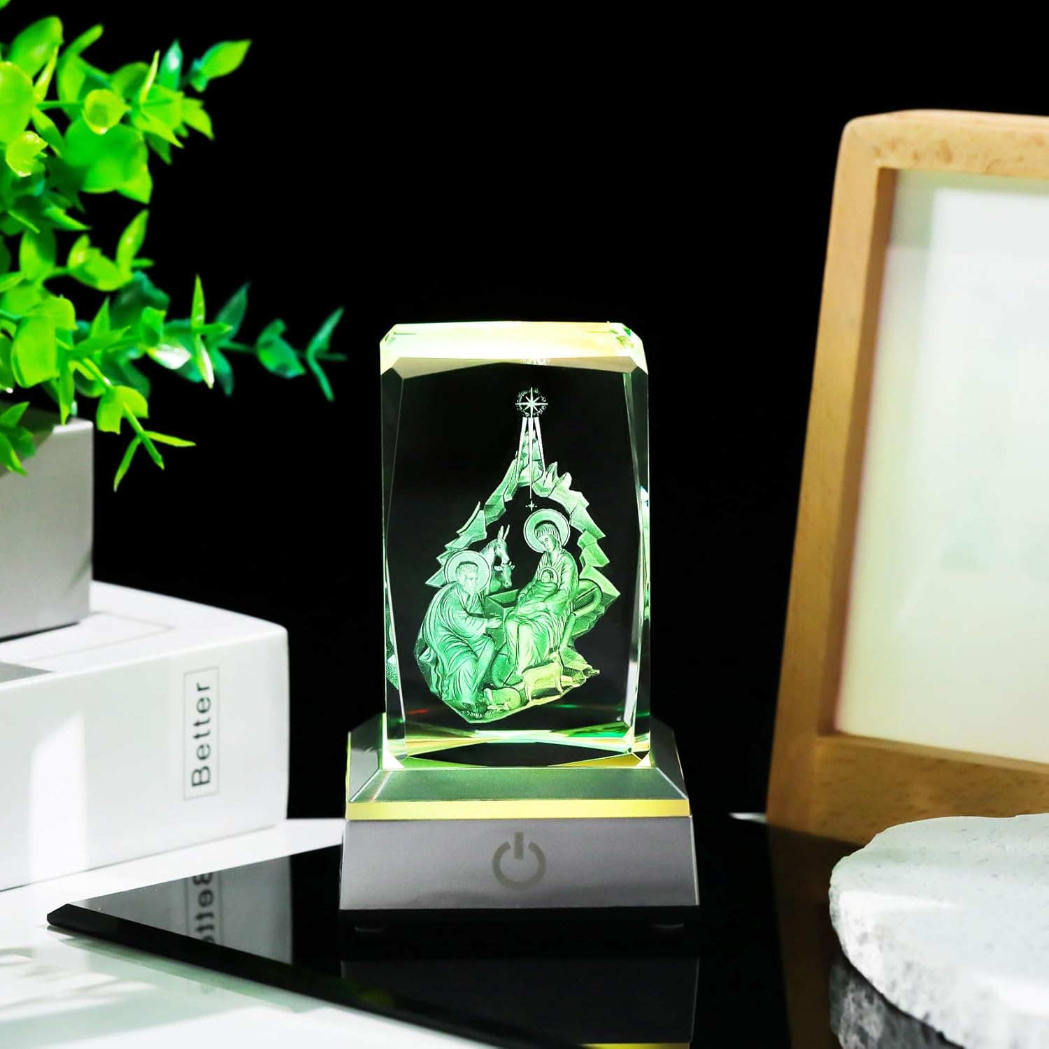 YWHL Figura de cristal 3D con base de luz colorida, estatua de nacimiento del bebé Jesús grabada con láser, regalos religiosos de Navidad,