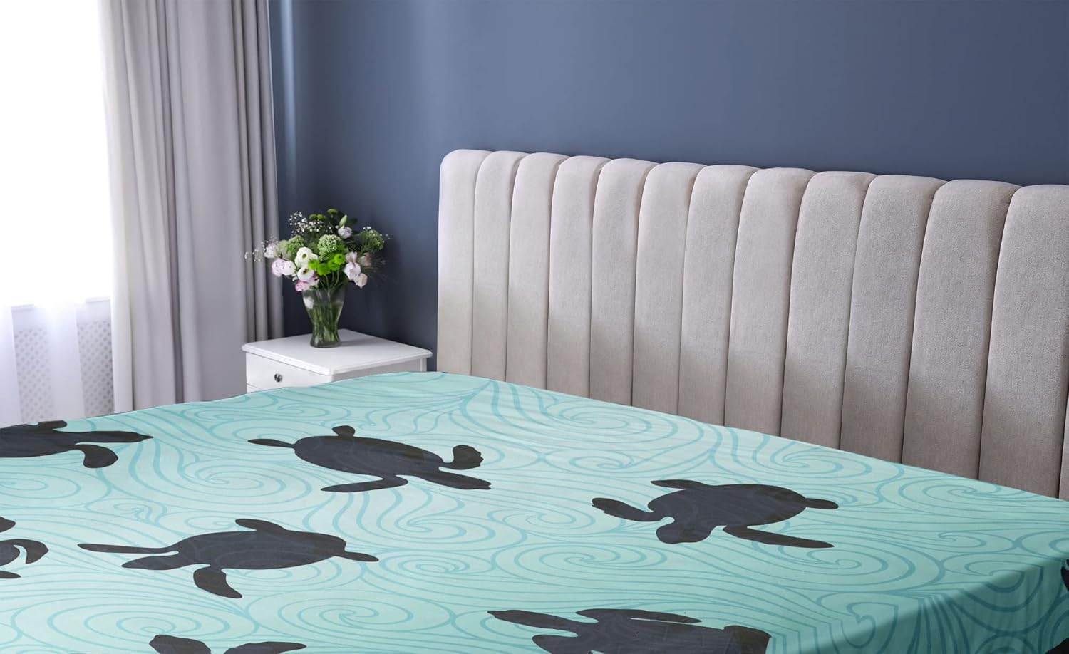 Ambesonne Sábana bajera marina, diseño de tortugas marinas con silueta de natación desde la parte inferior del océano bajo el agua, ropa de cama de