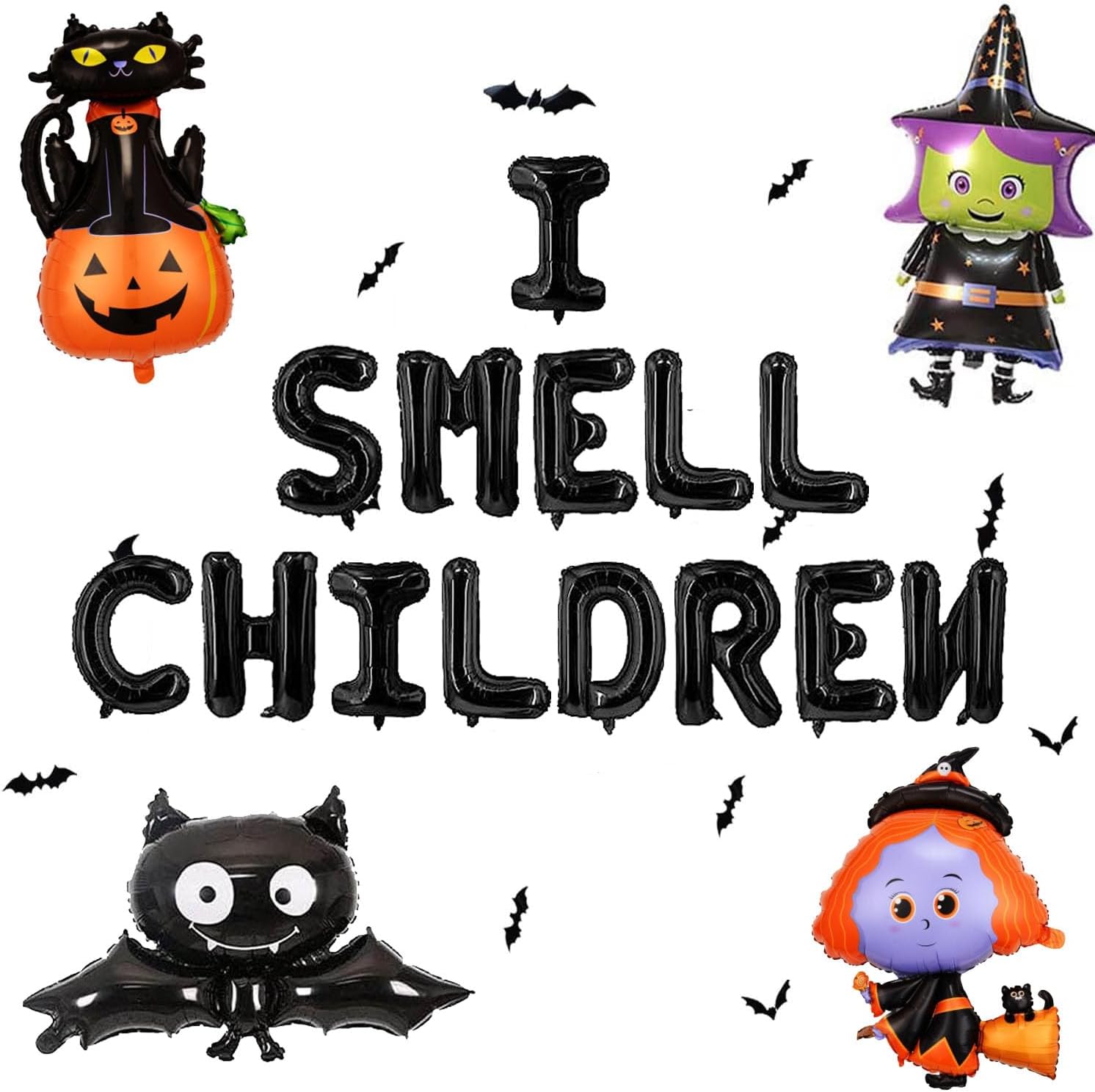 Cartel de globos con texto en inglés “I Smell Children”, decoración de fiesta de bruja de Halloween con I Smell Children Balloons Black Cat Witches