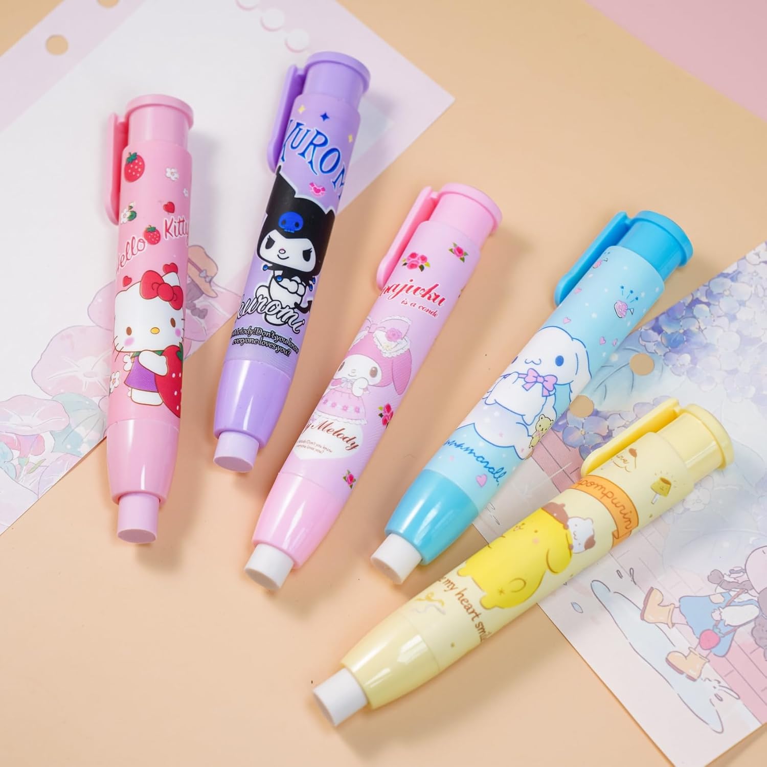 5 + 1 borradores Kawaii para niños y gatitos retráctiles, lindos borradores para niñas, melodía de anime, divertida, caricatura, novedad, borrador