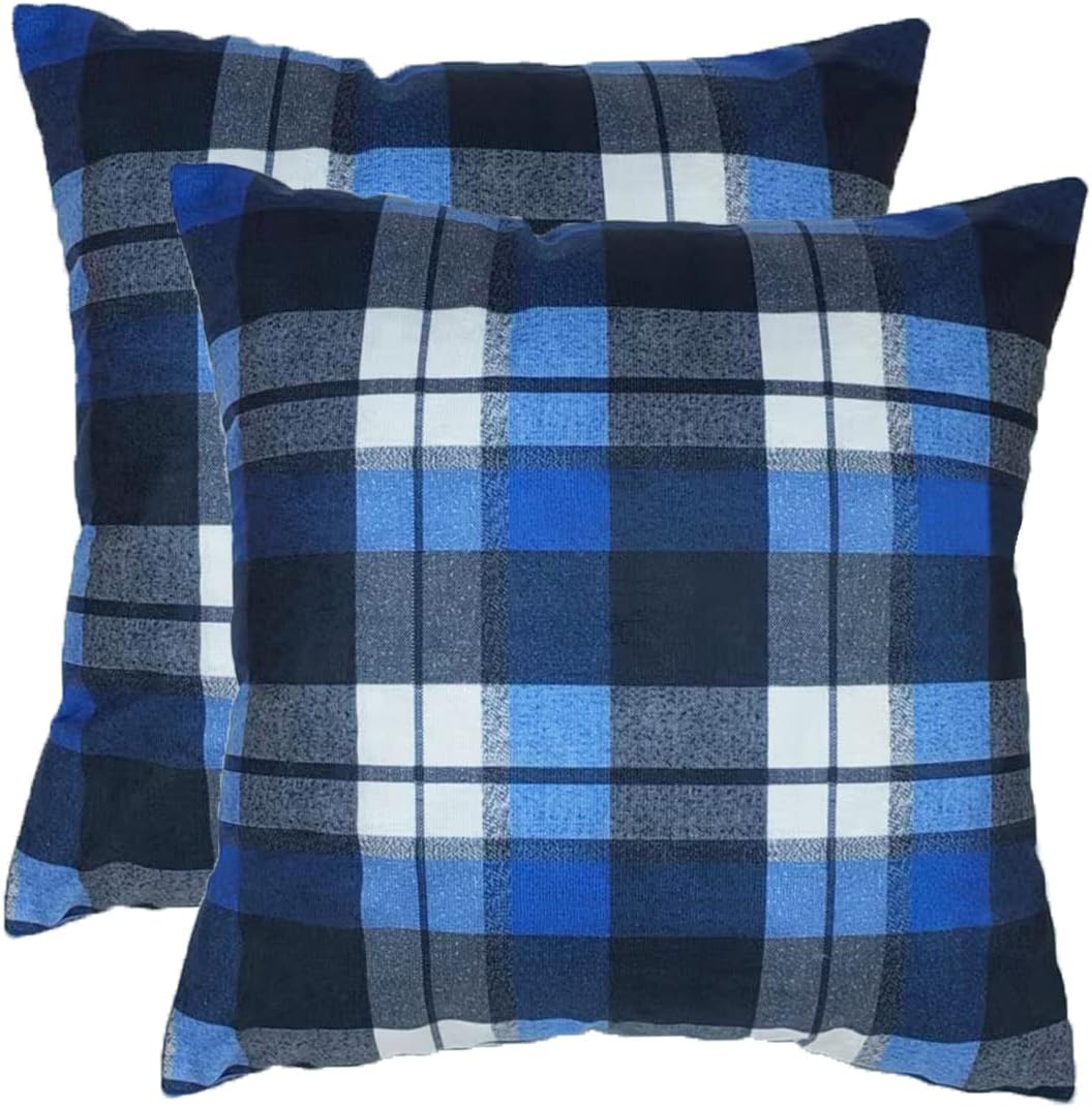 Juego de 2 fundas de almohada decorativas a cuadros azules de 18 x 18 pulgadas, fundas de almohada azules y grises para sofá de sala de estar y
