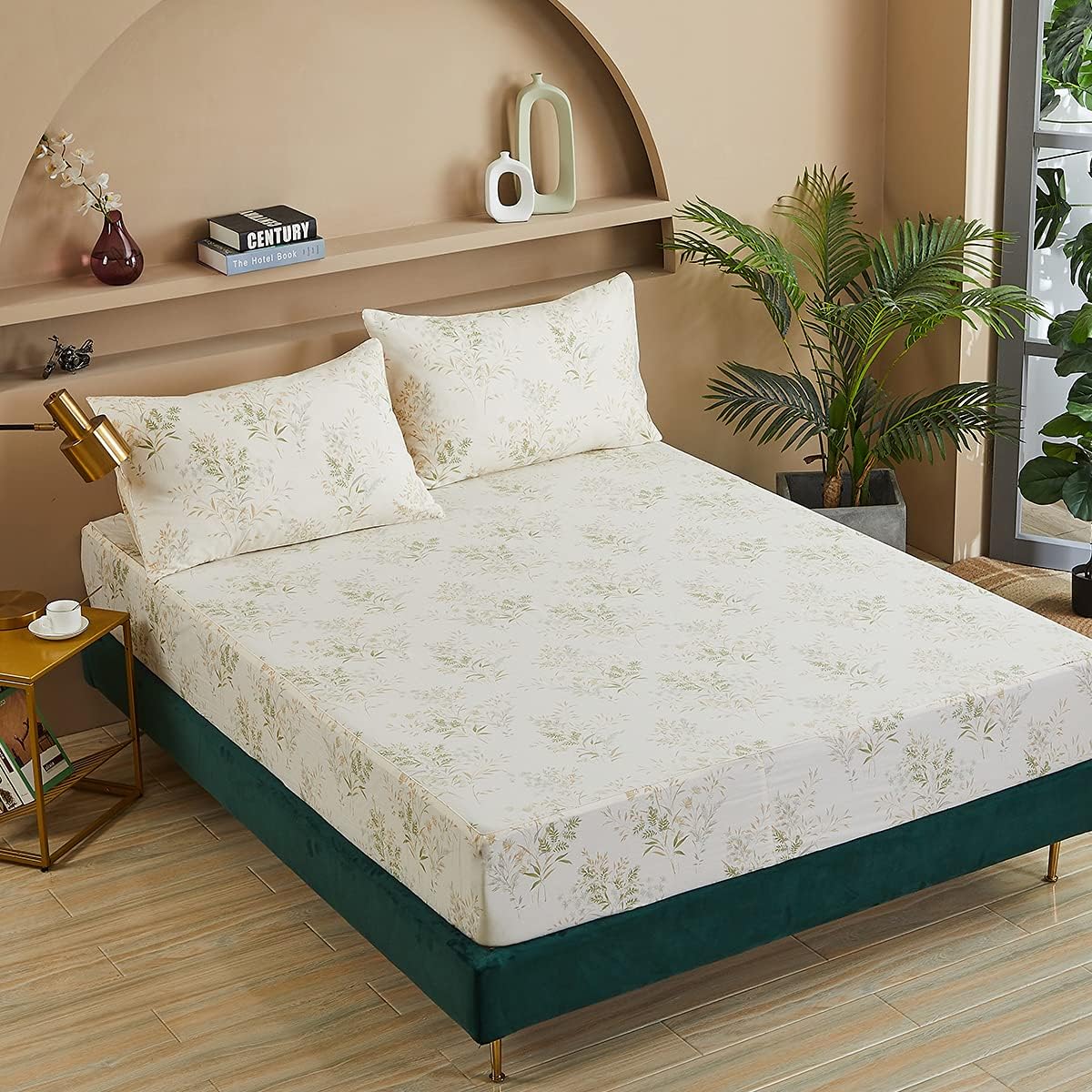 FADFAY Juego de sábanas de hojas florales, tamaño King, 100% algodón de primera calidad, 600 hilos, ropa de cama de flores verdes y crema, estampado