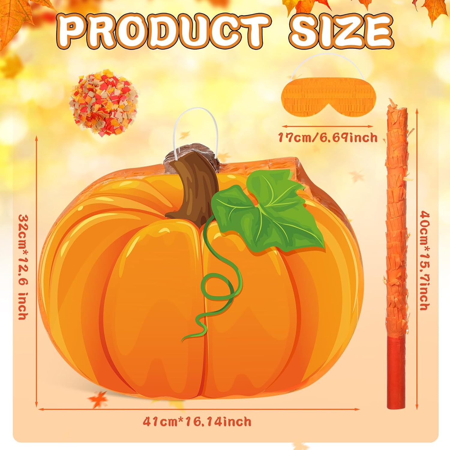 Piñata de otoño para fiesta de Acción de Gracias, murciélago con los ojos vendados y confeti, calabaza, hoja de arce, piñata de pavo para Acción de