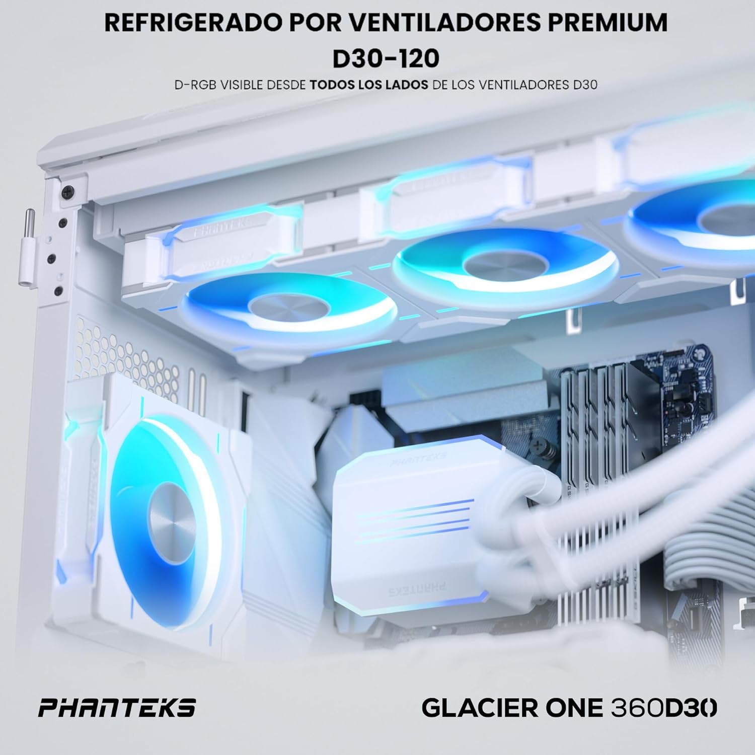 Phanteks (PH-GO360D30_DWT01) Glacier One 360D30 Premium D-RGB AIO Enfriador líquido de CPU, diseño de tapa de bomba DRGB, 3 ventiladores D30 4.724