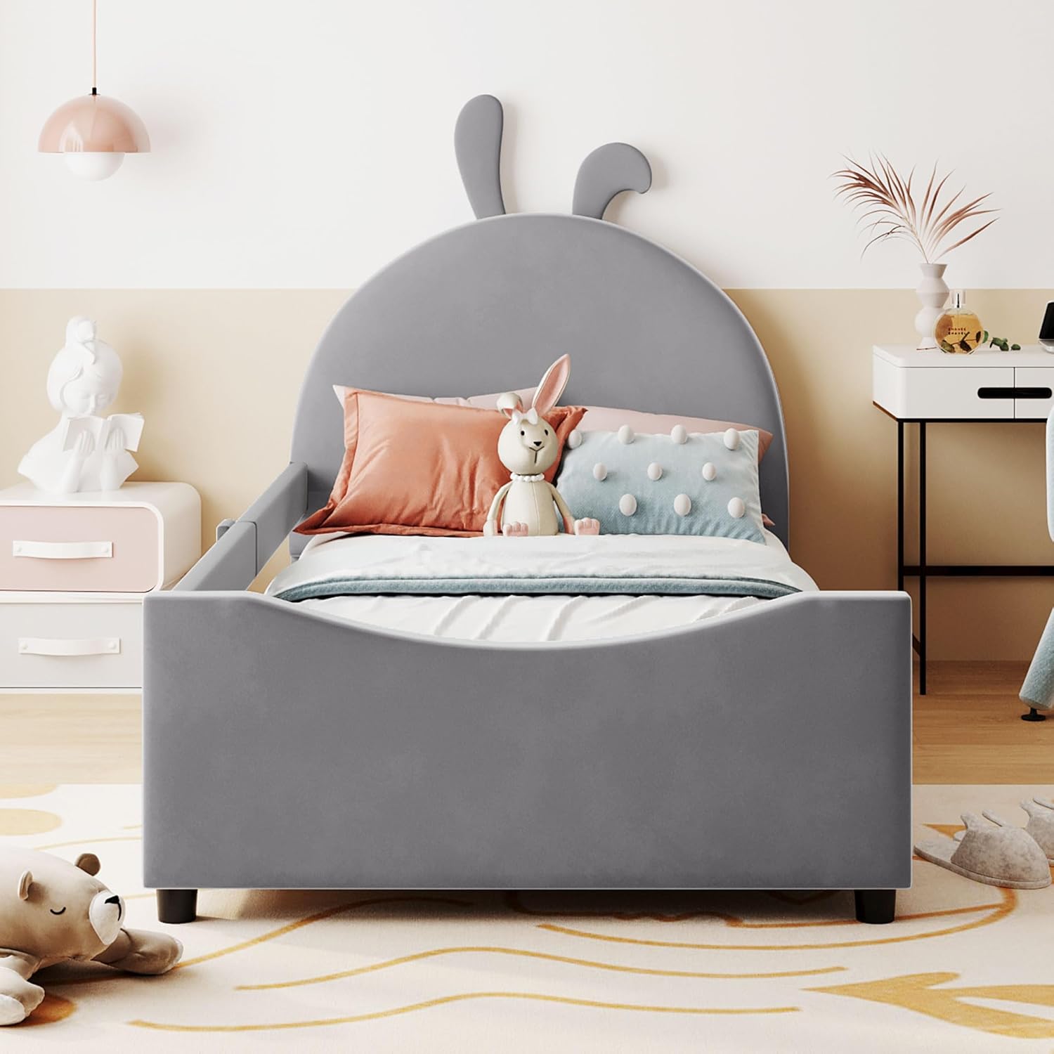 Cama tapizada de tamaño individual con cabecera en forma de conejo, marco de cama de plataforma baja con rieles, sofá cama de terciopelo con soporte