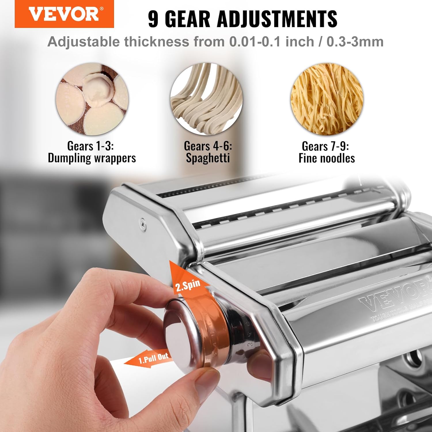 VEVOR Máquina para hacer pasta, 9 ajustes de grosor ajustable, 150 rodillos de pasta de acero inoxidable, máquina de pasta con 3 accesorios,