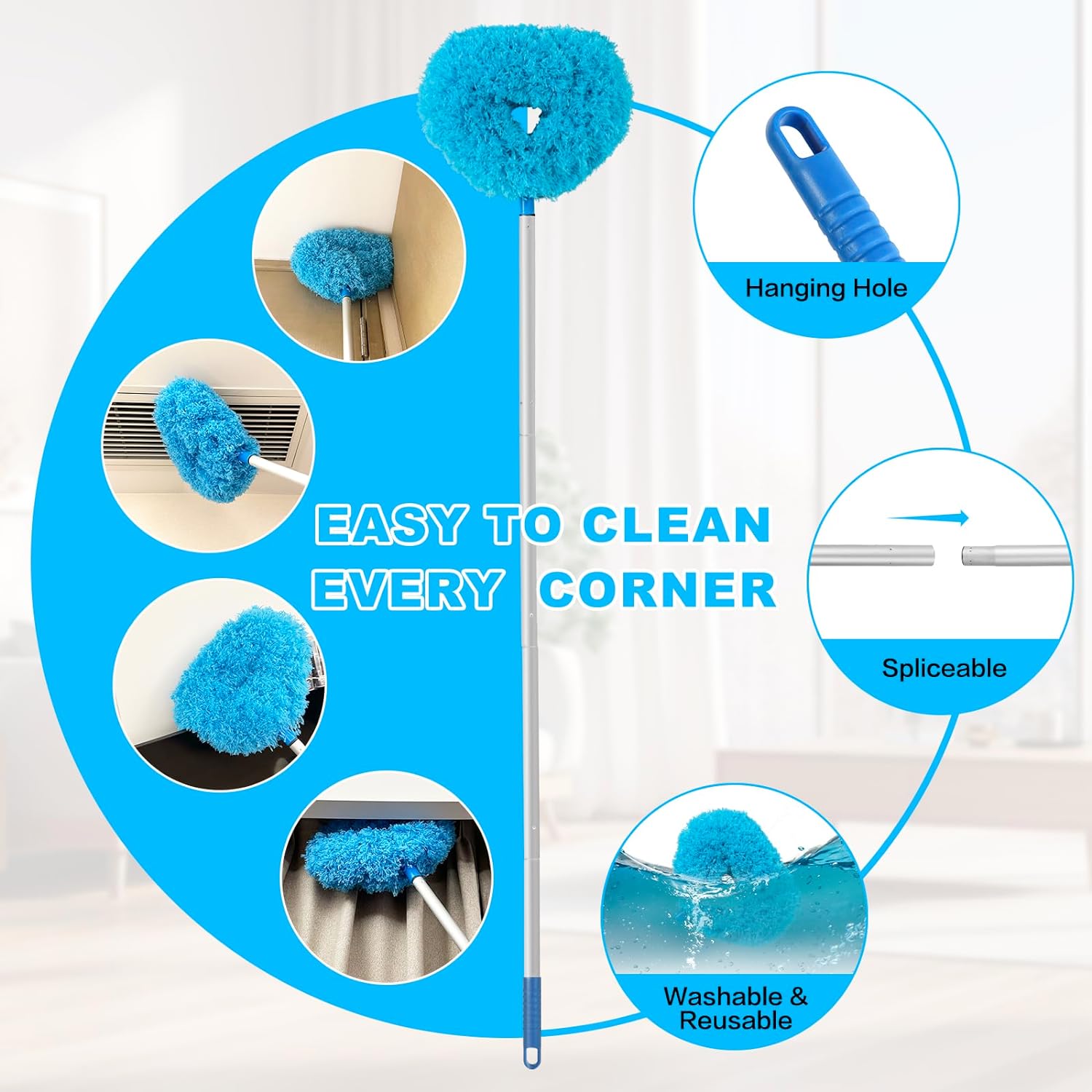 Limpiador de ventilador de techo reutilizable de microfibra para ventilador de techo, limpiador extraíble con poste de extensión que se ajusta de 13