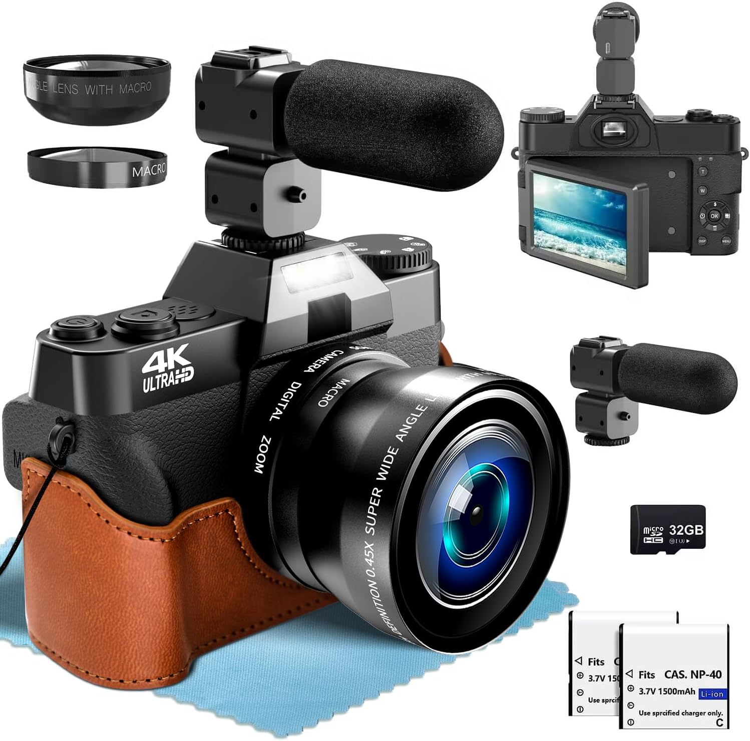 Cámara digital 4K para fotografía con micrófono externo ajustable, cámara de vlogging de 48MP para YouTube y video, gran angular de 2.047 in y lente