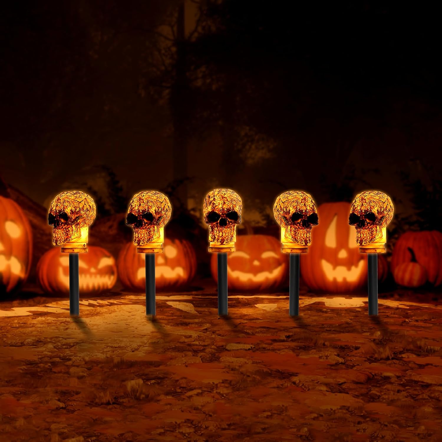 Paquete de 5 luces de camino de calavera de Halloween, impermeables, estaca de calavera aterradora, luces de esqueleto para decoraciones de