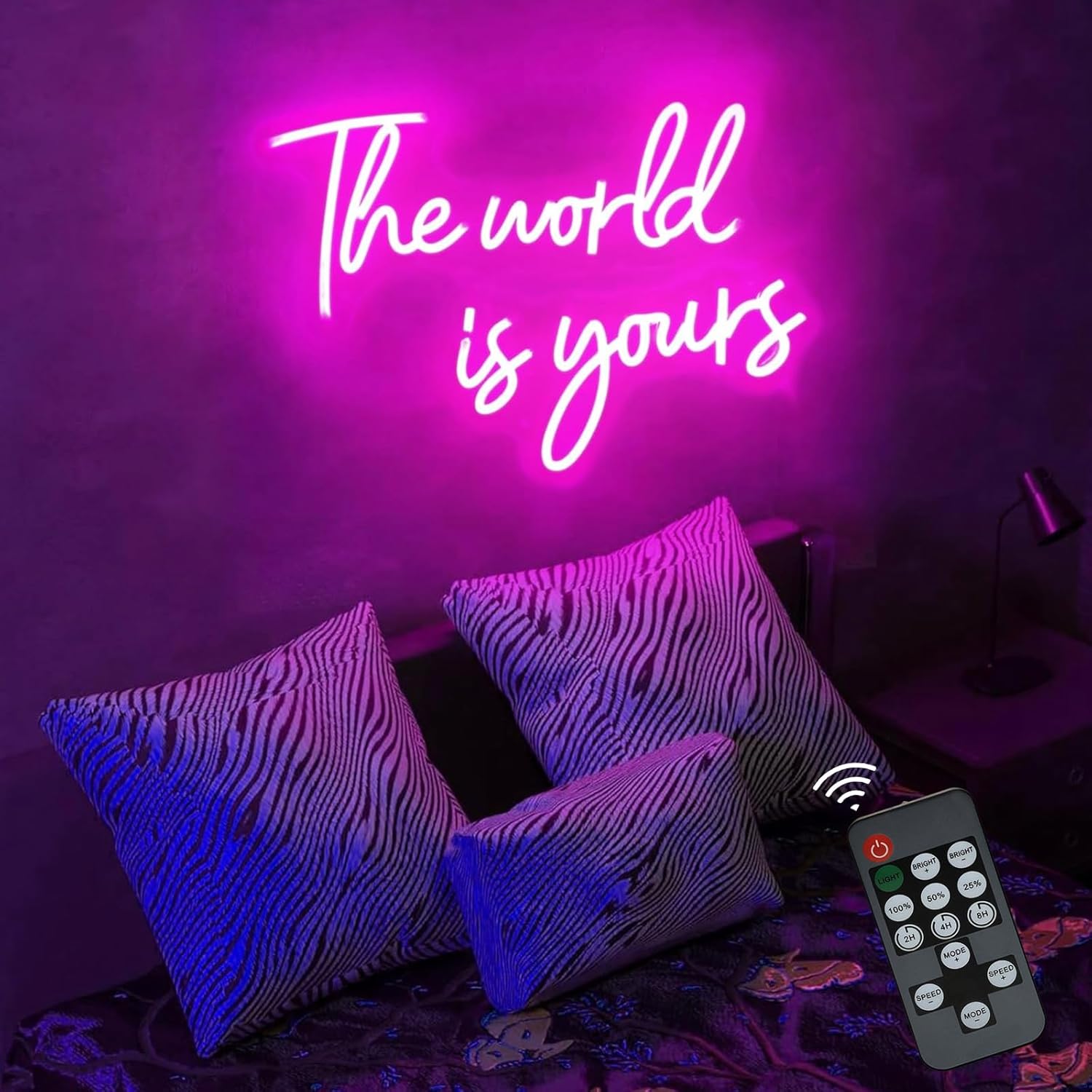 Letrero de neón grande de 28 pulgadas con texto en inglés “The World Is Yours” para dormitorio, control remoto regulable con regulación de