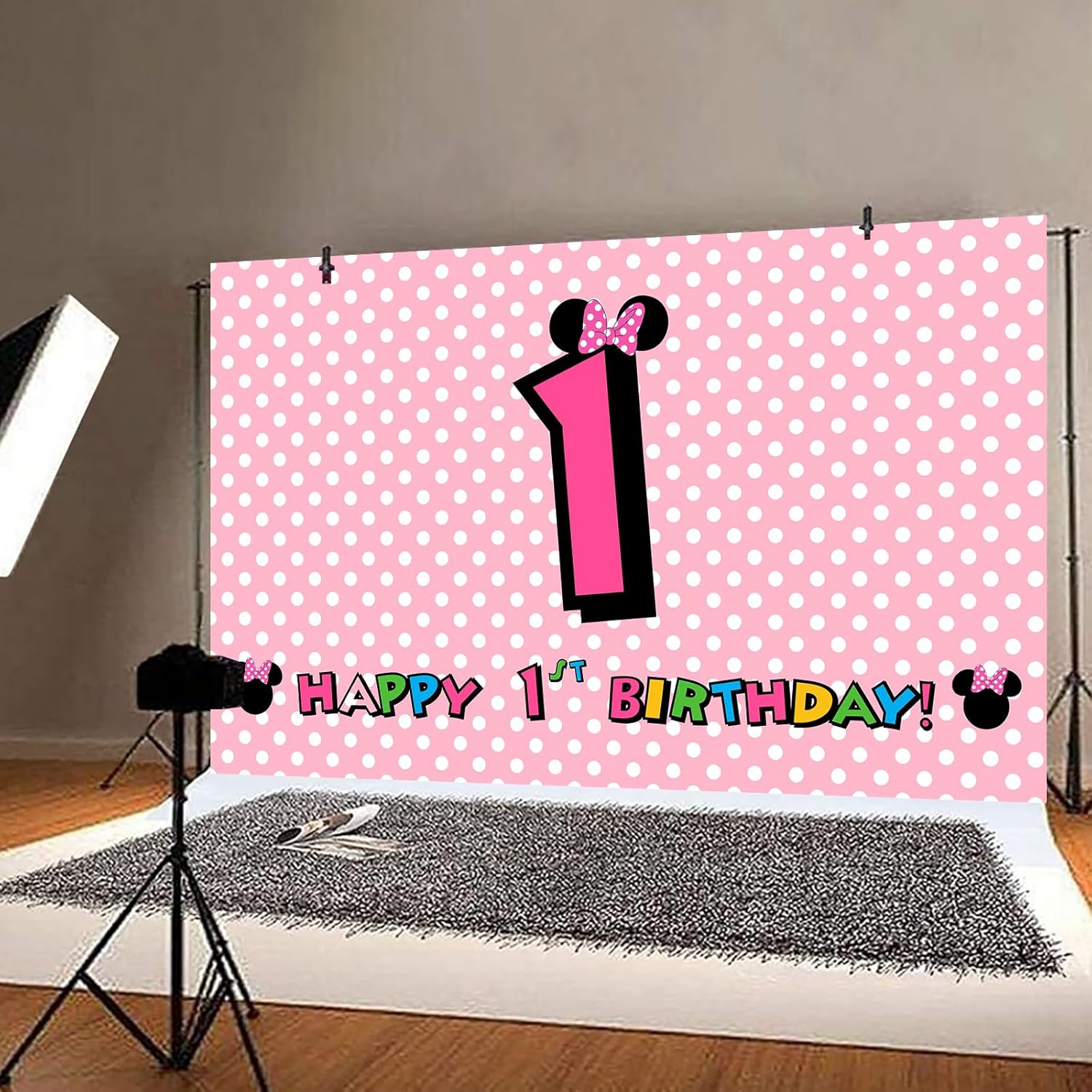 Decoración de pancarta de primer cumpleaños de Minnie, telón de fondo de cumpleaños de Minnie rosa para niños y niños, suministros de decoración de
