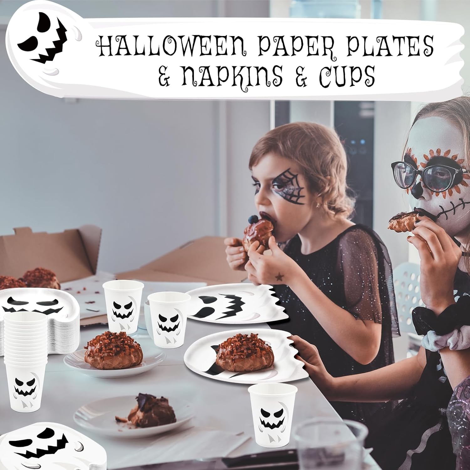 200 platos y servilletas de Halloween, suministros para fiesta, fantasma, papel desechable, cena, postre, aperitivo, cubiertos, juegos de vajilla
