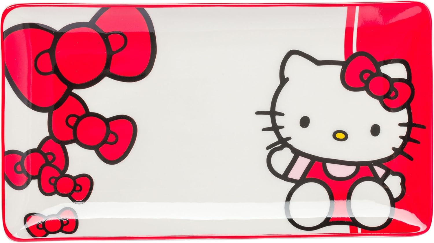 Silver Buffalo Sanrio Hello Kitty – Juego de sushi de cerámica con lazo rojo y blanco con plato de salsa y palillos a juego