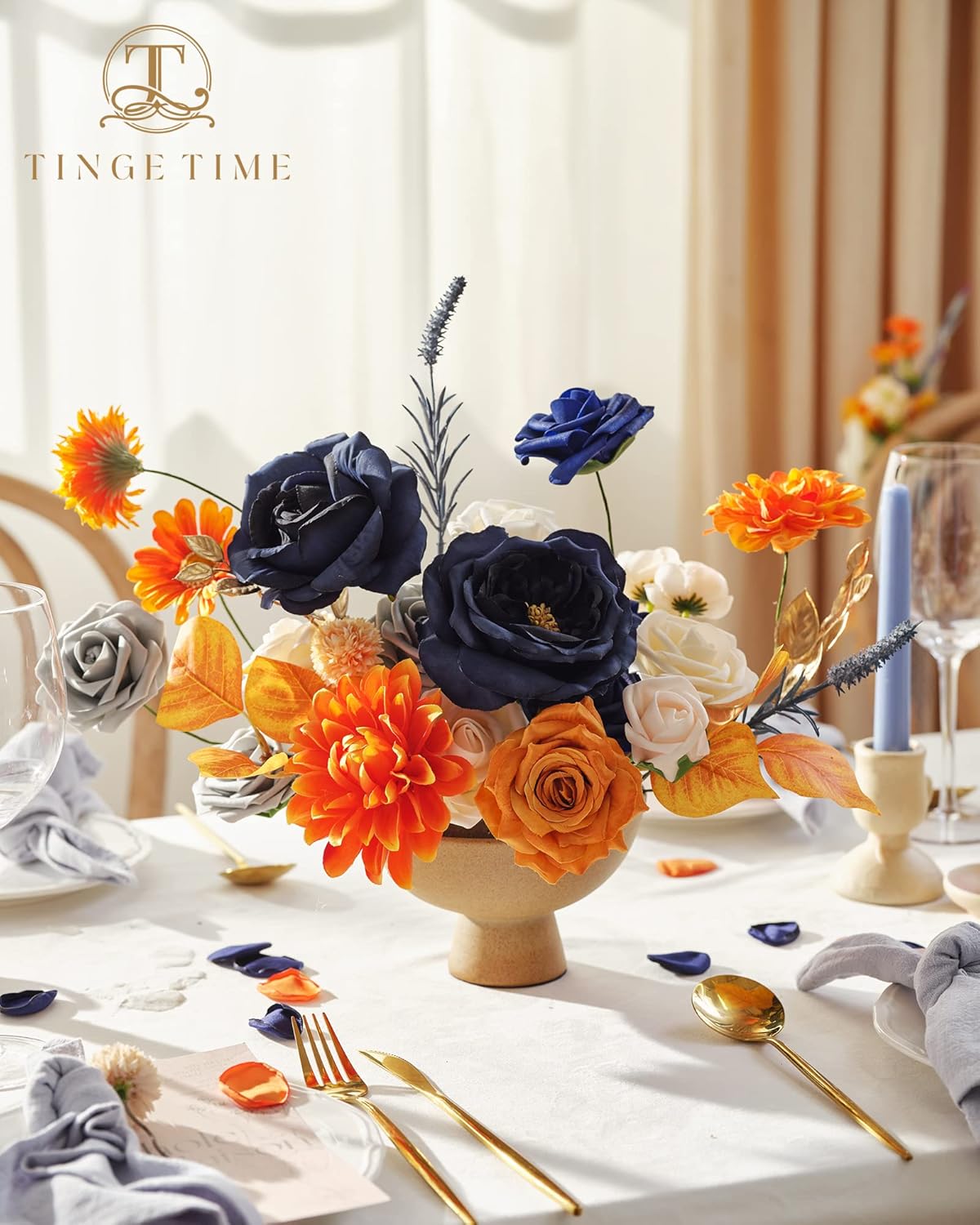 TINGE TIME Flores artificiales, naranja quemado y azul marino, combo de flores para bricolaje, ramos de boda, centros de mesa, arreglos de mesa,