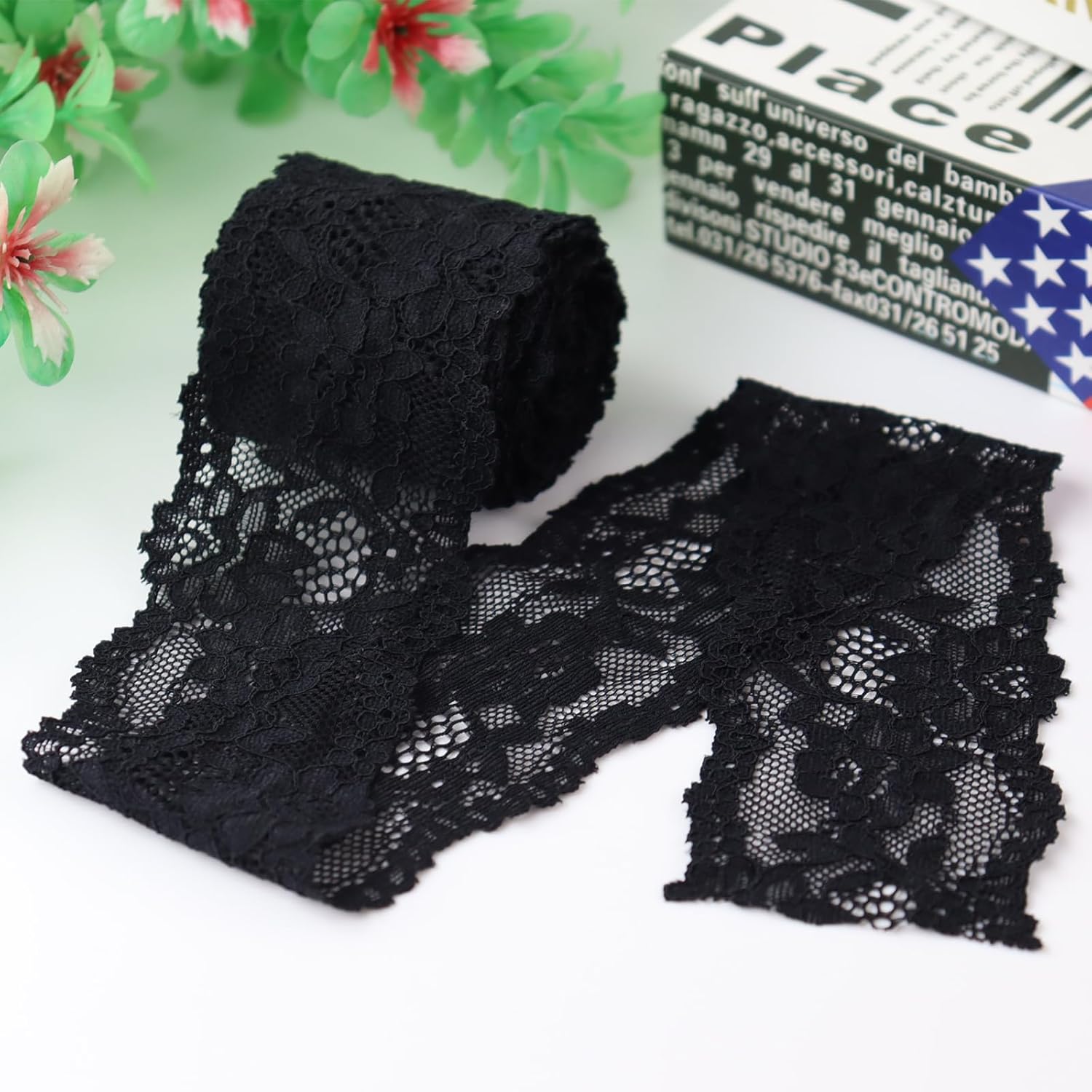 Duuclume Tela de encaje vintage de 2.4 pulgadas x 5 yardas, ribete de encaje negro costura, cinta de encaje elástica  perfecta para manualidades,