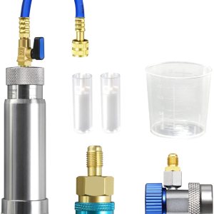 Kit de inyector de tinte de aceite CA para sistema R1234YF R134A con 2 acopladores rápidos 2 comprobadores de aceite taza de medición de 2 onzas Kit de inyector de tinte de aceite CA para sistema R1234YF R134A con 2 acopladores rápidos 2 comprobadores de aceite taza de medición de 2 onzas