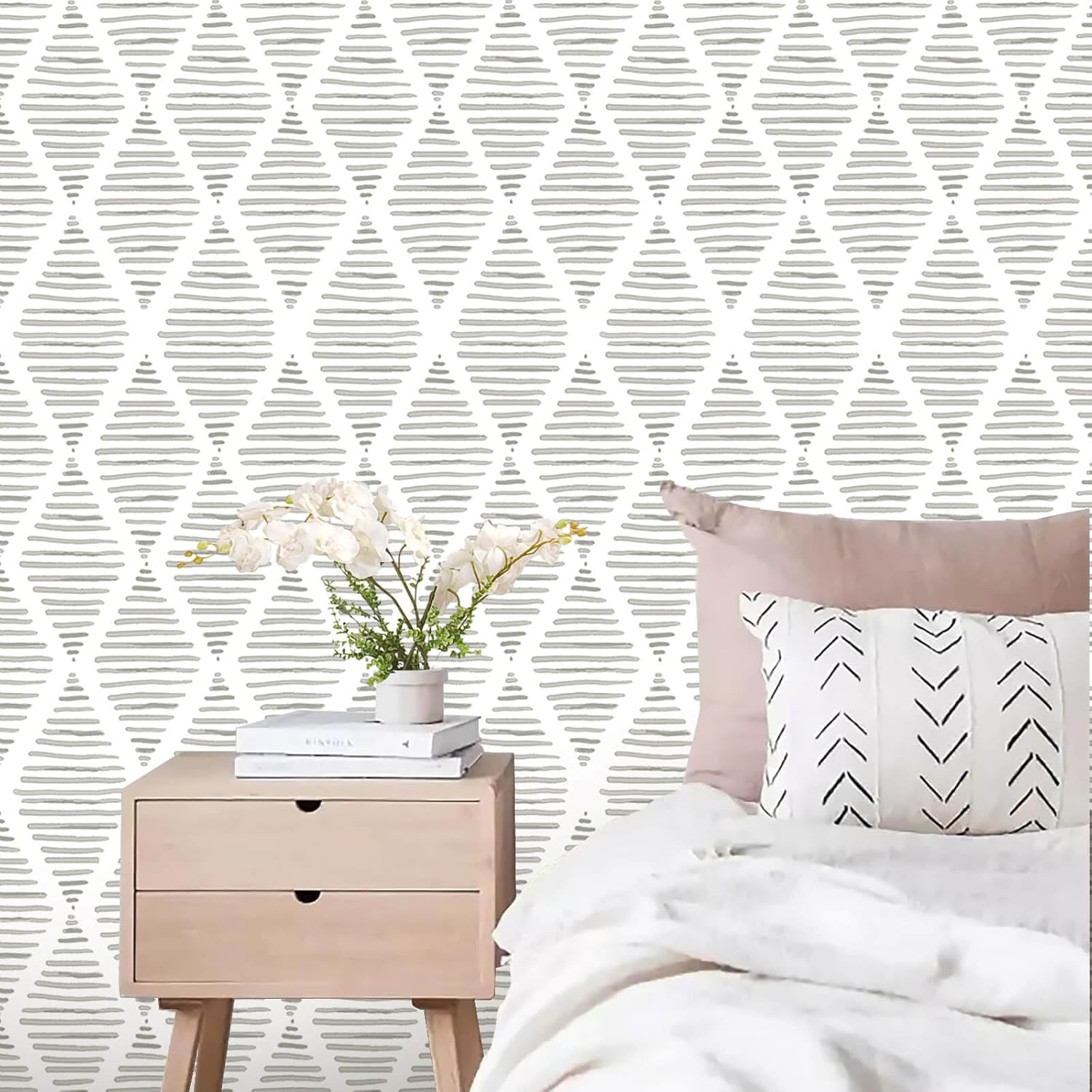 Papel tapiz blanco y gris plateado de 17.7 x 300 pulgadas, papel de contacto moderno a rayas, papel de pared de rombos, papel de vinilo para