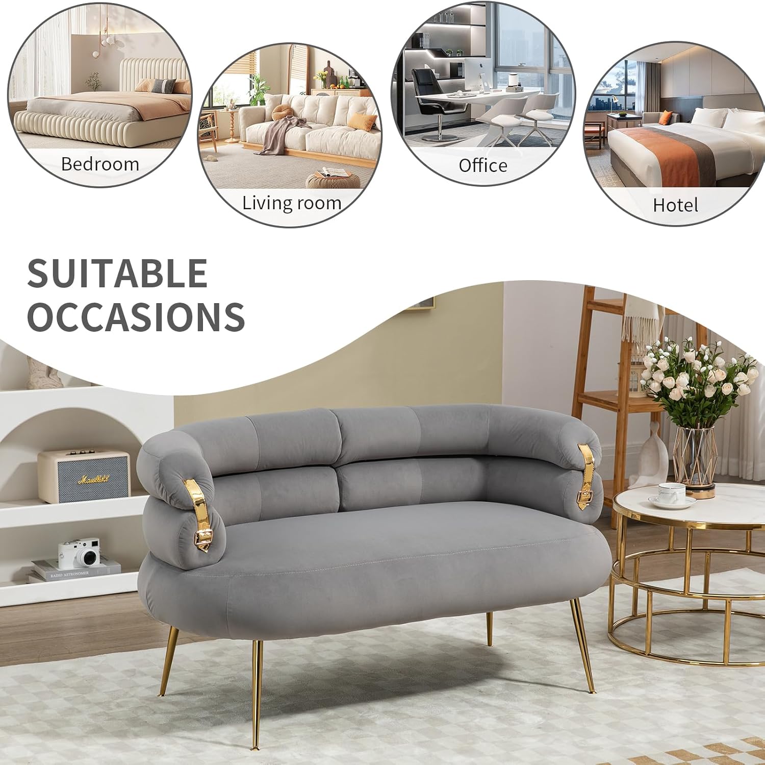 Mini sofá moderno, sofá biplaza tapizado de terciopelo con diseño de respaldo curvo, sofá pequeño con patas de metal dorado para sala de estar,